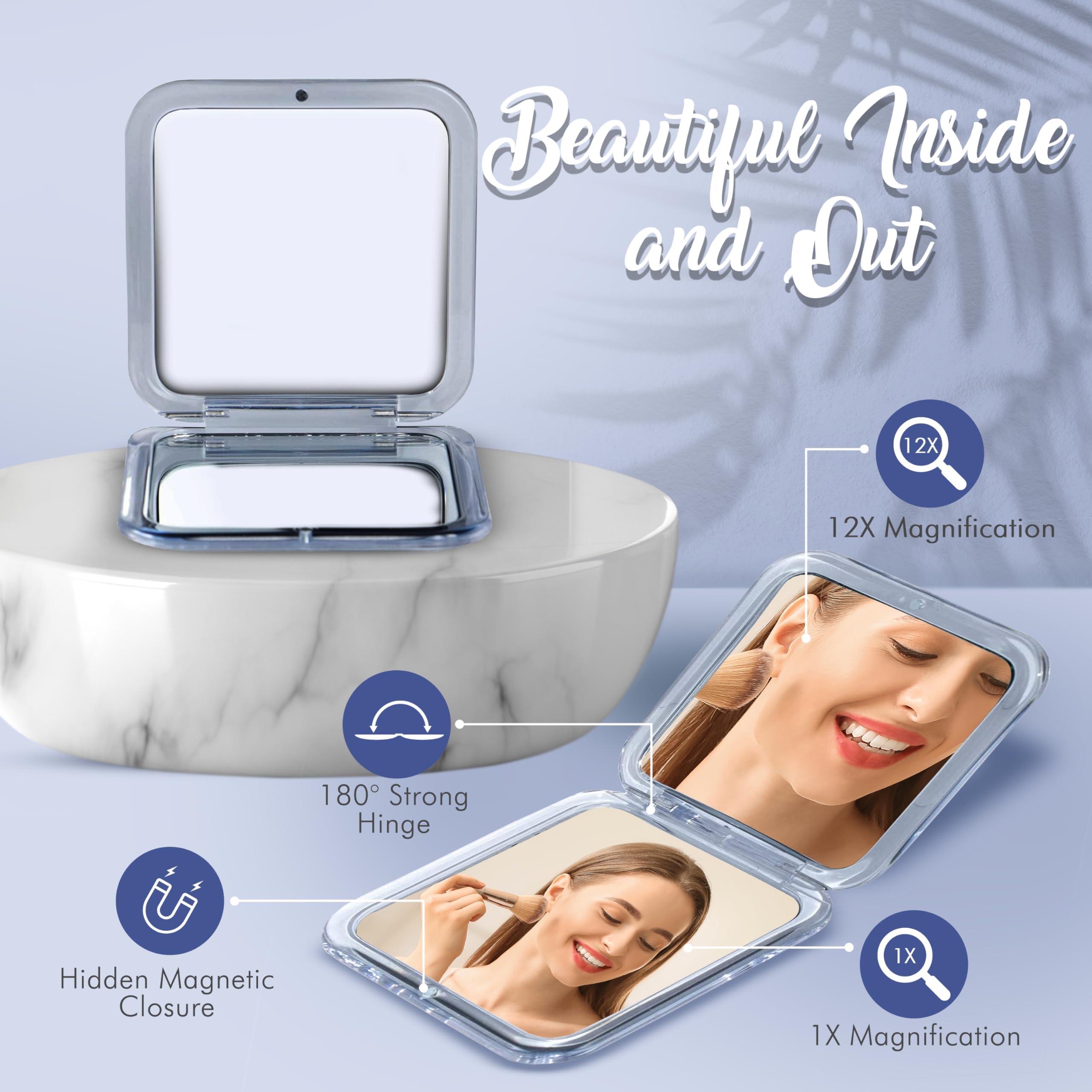 MIRRORVANA MIRRORVANA Small Travel Makeup Mirror with 12X and 1X Magnification - Compact, Pocket-Size, Handheld - Magnified Compact Mirror for Close Up Cosmetic Application and Tweezing - Square 3.3\" x 3.3\"