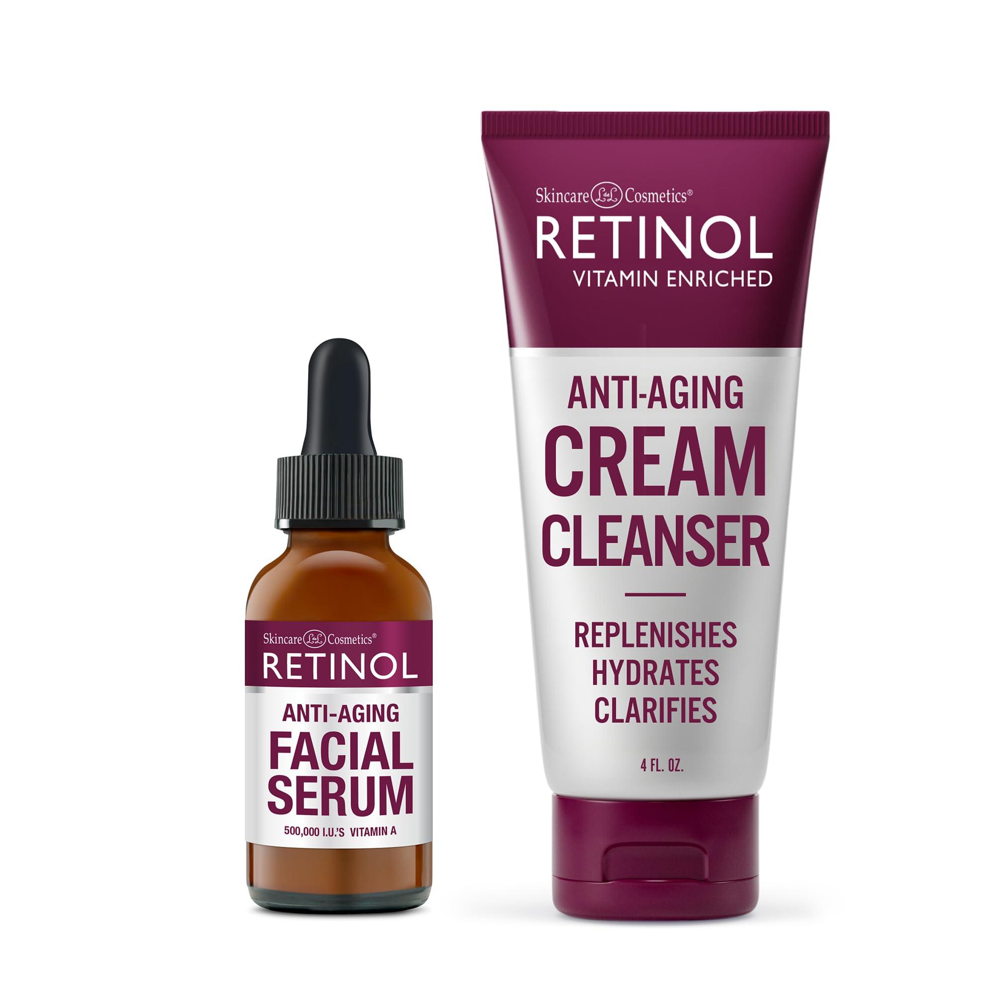 Retinol Retinol Anti-Wrinkle Facial Serum Vitamin-Enriched, Smoothes Fine Lines & Wrinkles + Retinol Anti-Aging Cream Cleanser Daily Deep Cleansing Facial Wash Exfoliates & Moisturizes.