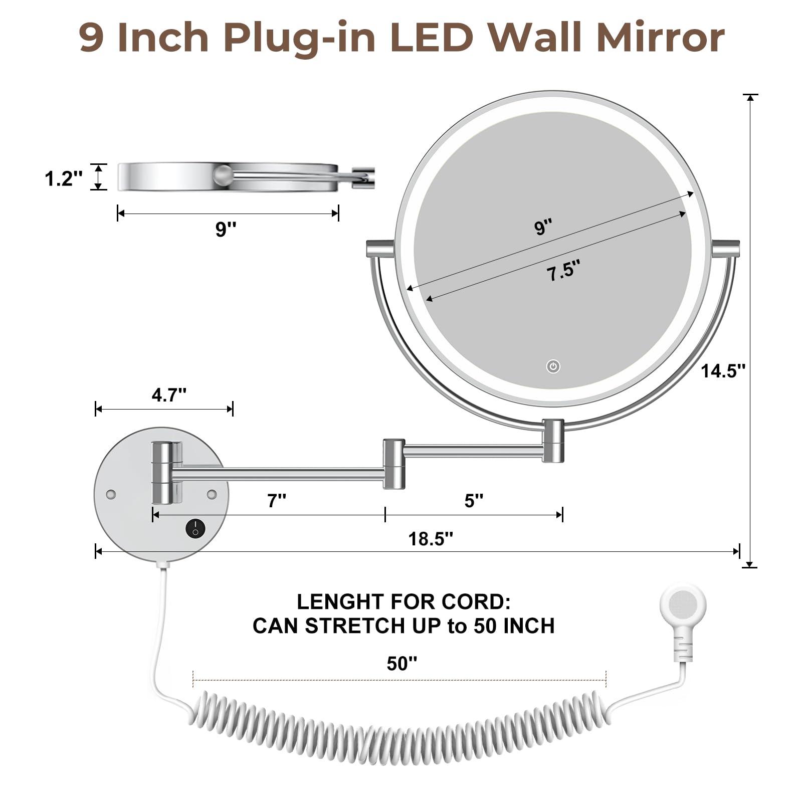 Rocollos Rocollos 9\" Plug-in Wall Mounted Lighted Makeup Mirror 1X/10X Magnification, Super Large Double Sided LED Vanity Mirror for Bathroom, 3 Color Dimmable 360Swivel Extendable Shaving Cosmetic Mirror