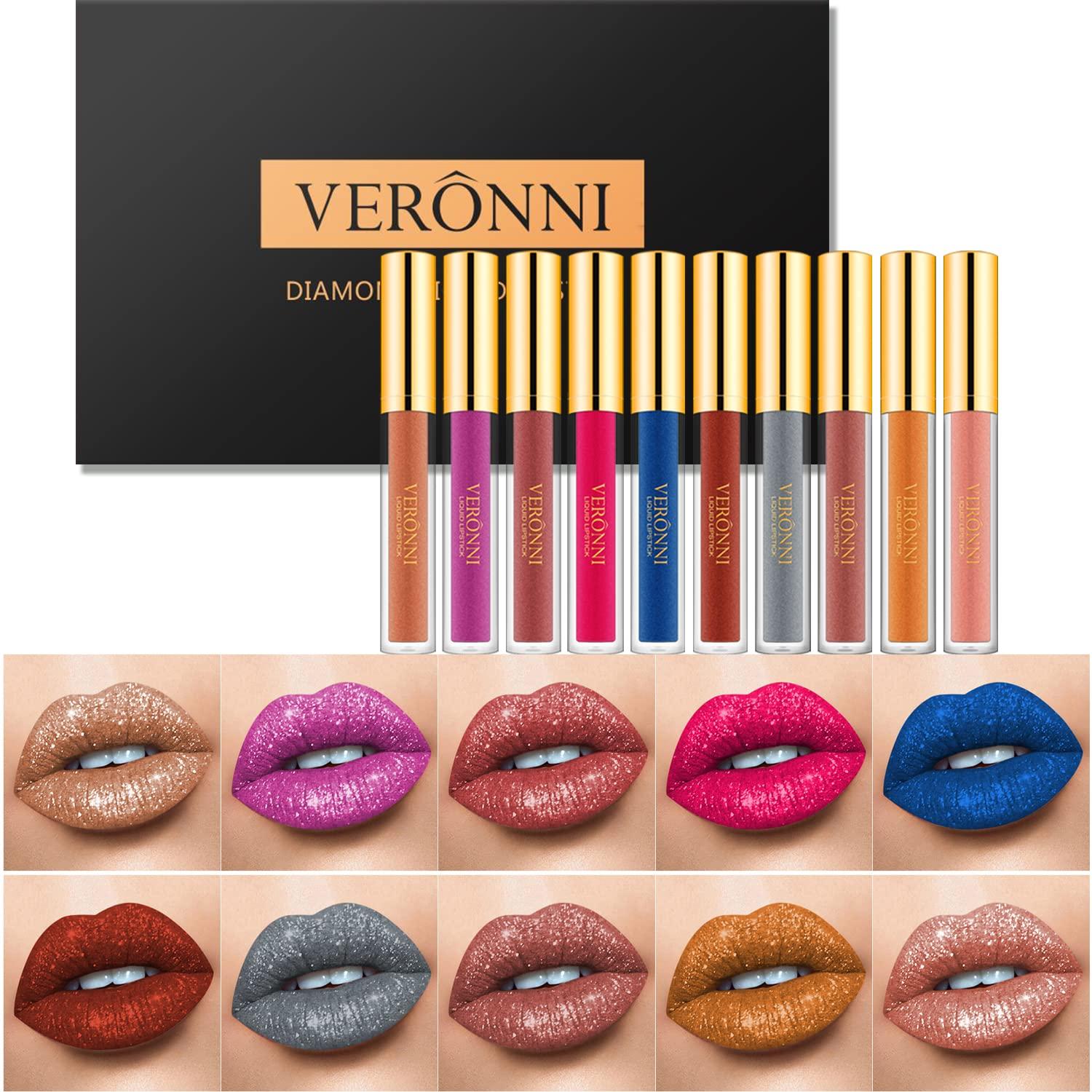 VERONNI VERONNI Diamond Glitter Lipstick Set, 10 Pcs Shimmer High Pigment Lip Gloss,Metallic Liquid Lipstick Long Lasting Waterproof Lip Gloss Makeup Kit,10pcs Lip Makeup Gift Set(10pcs together)