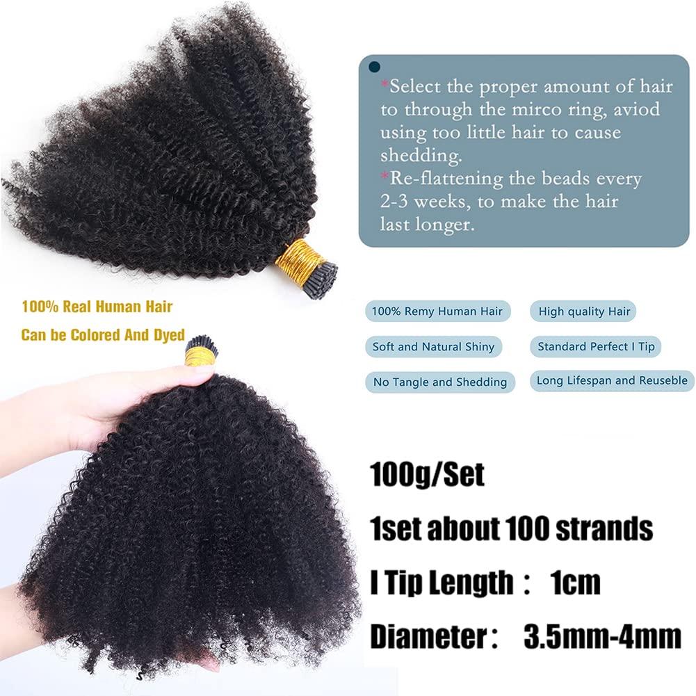 Kiss darling LASHES I Tip Hair Extensions Afro Kinky Curly 4B 4C Human Virgin Hair 1g/strand 100g Pre Bonded Microlinks Keratin Fusion Stick I Tip Hair Bundles for Women 24\"inch, Natural Black