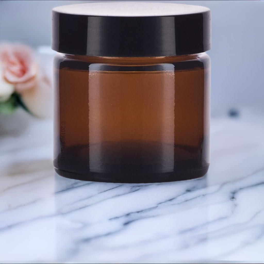 JUVITUS 1 oz / 30 ml Amber Thick Wall Glass Straight Sided Jar with Black Smooth Lined Lids (12 Pack)