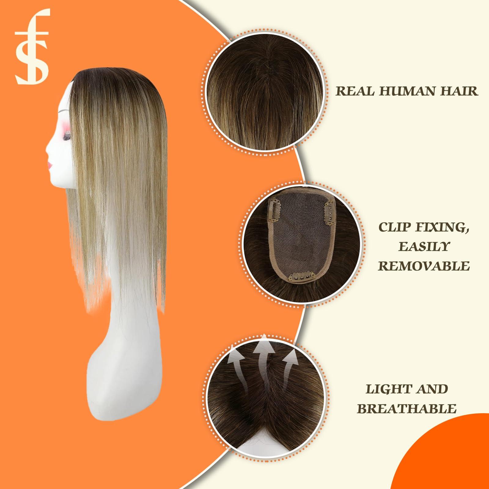 Full Shine Full Shine Brown Hidden Crown Hair Extensions Fading To Blonde Highlight Top Hair Pieces For Women Hair Loss Silk Base Crown 3 * 5 Inch Topee Real Human Hair Wiglet 12 Inch