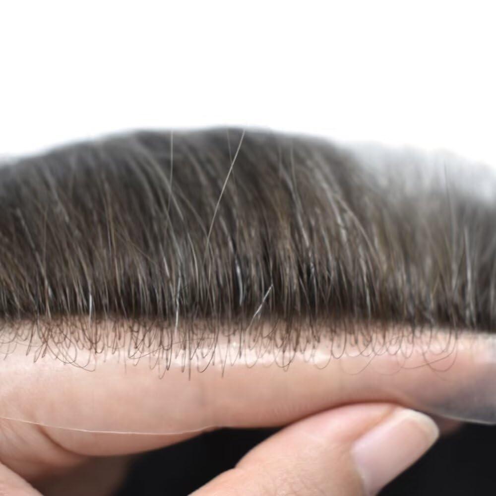 JUST HAIR Super Thin Skin Mens Toupee 0.03mm Ultra Thin PU Toupee for Men Hair System V-Looped Mens Hairpiece Natural Hairline Prosthesis Human Hair Replacement 8X10\"-100% density#220 Darkest Brown+20% Gray