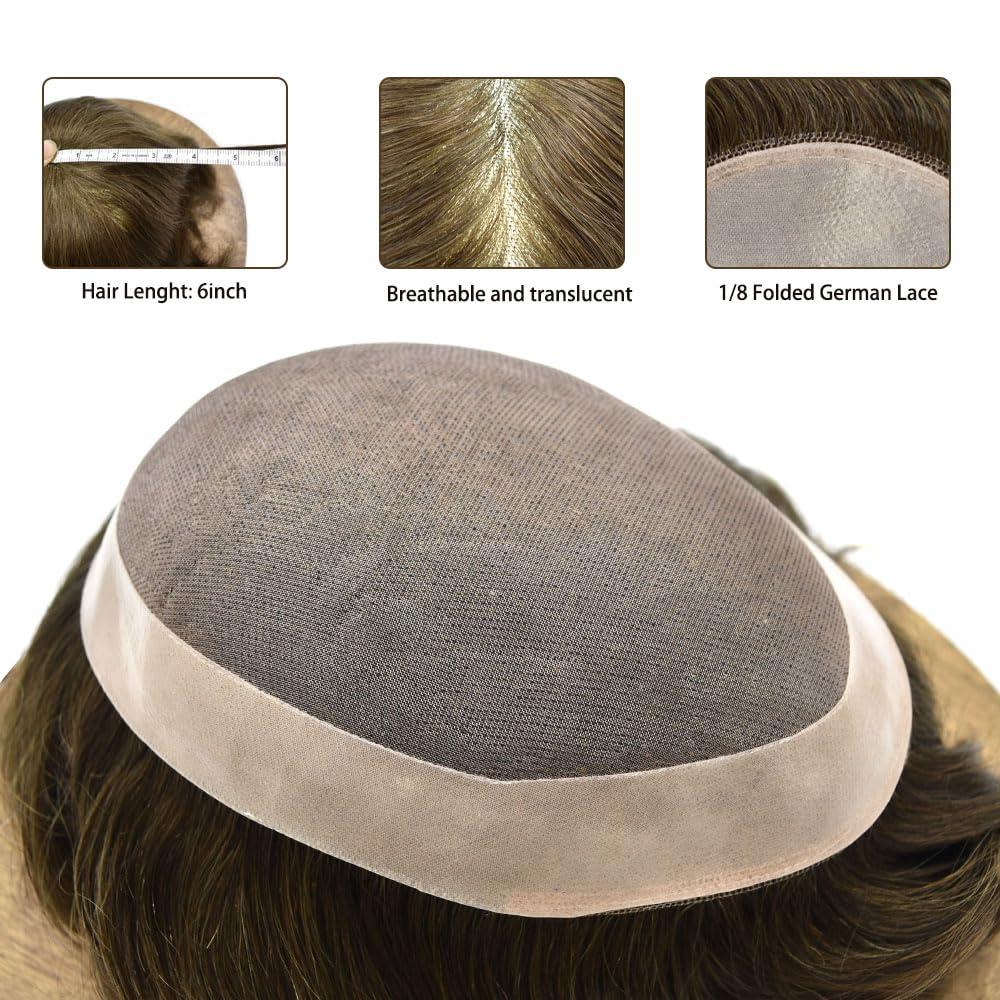 Generic Men Hair Piece Durable Fine Mono Hair System Toupee for Men Real Human Hair Mens Toupee Replacement Systems Men Hairpiece Protesis Capilar Para Hombre4# MEDIUM BROWN6x9-120% density