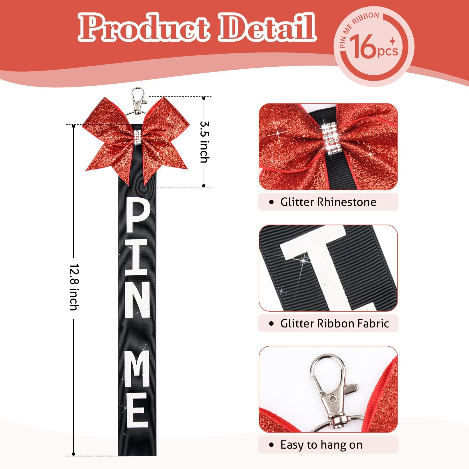 Aileam Aileam 16 PCS Cheer Pin Me Ribbon with Rhinestones, Red/Black Bag Bow Keychain, Hair Tie for Cheerleading Sports Accessory