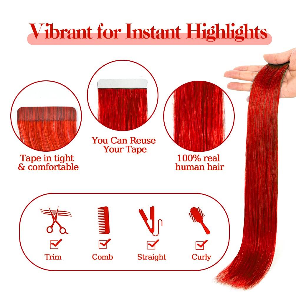 Winsky Winsky 18\" Red Tape in Hair Extensions Human Colored Hair - Glue in Remy Hairpiece 10pcs 25gram 100% Real Human Hair (18\" #Red)