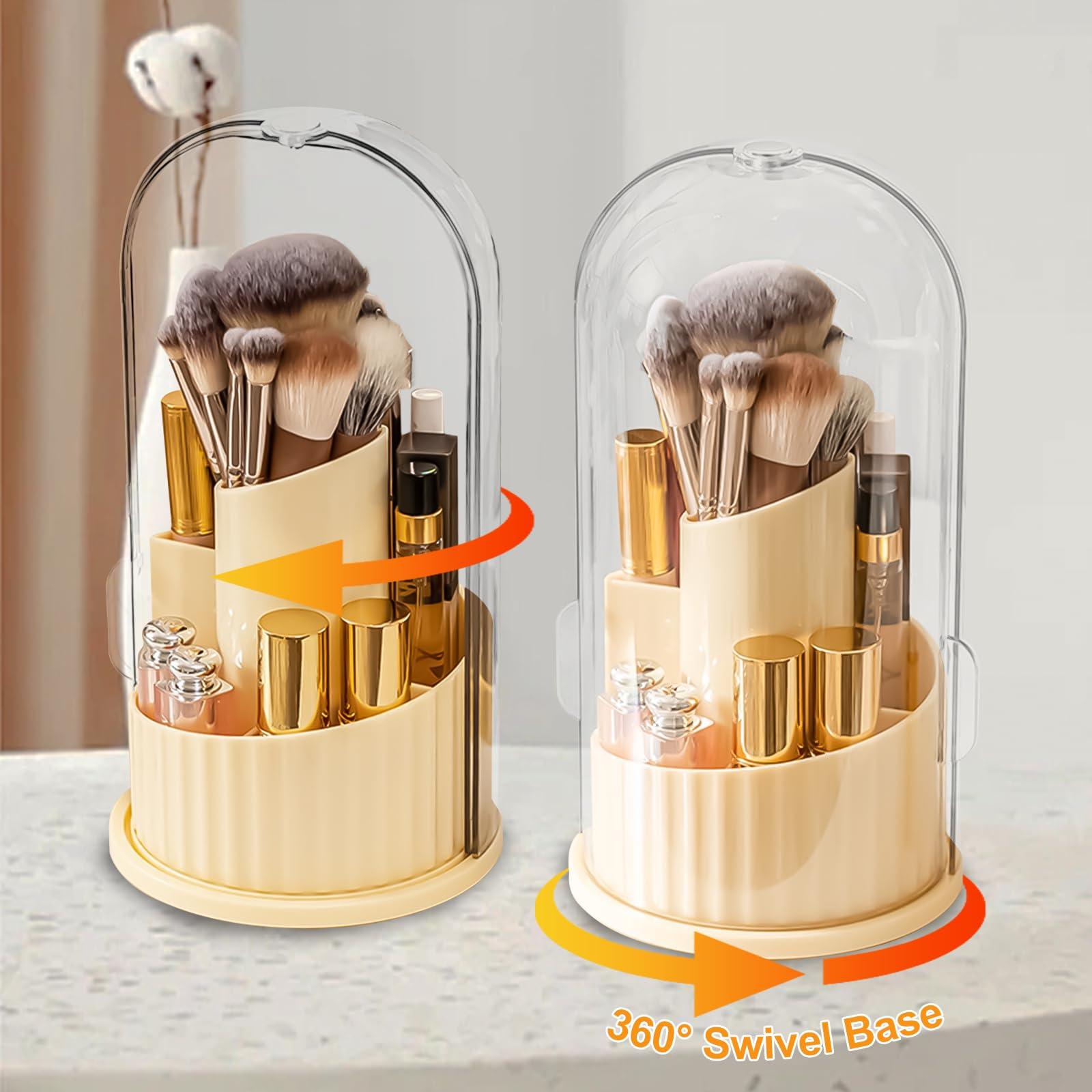 Segutage Makeup Brush Holder with Lid, 360 Rotating Makeup Brush Organizer with Cosmetic Bag Women Dustproof Cosmetics 5 Slots Makeup Brush Storage Cup for Vanity Desktop Bathroom Countertop (Cream White)