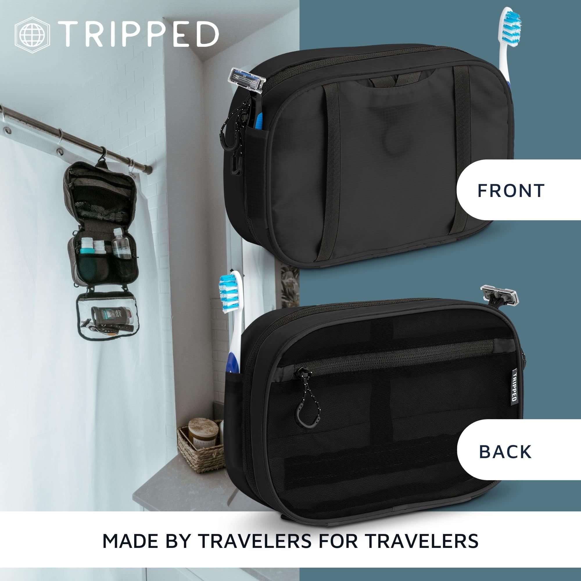 TRIPPED Travel Gear Toiletry Bag Kit Set: Hanging Travel Toiletry Bag + 311 TSA Cosmetic Liquid Bag + Ultralight Accessory Organizer Pouch (Black Ripstop)