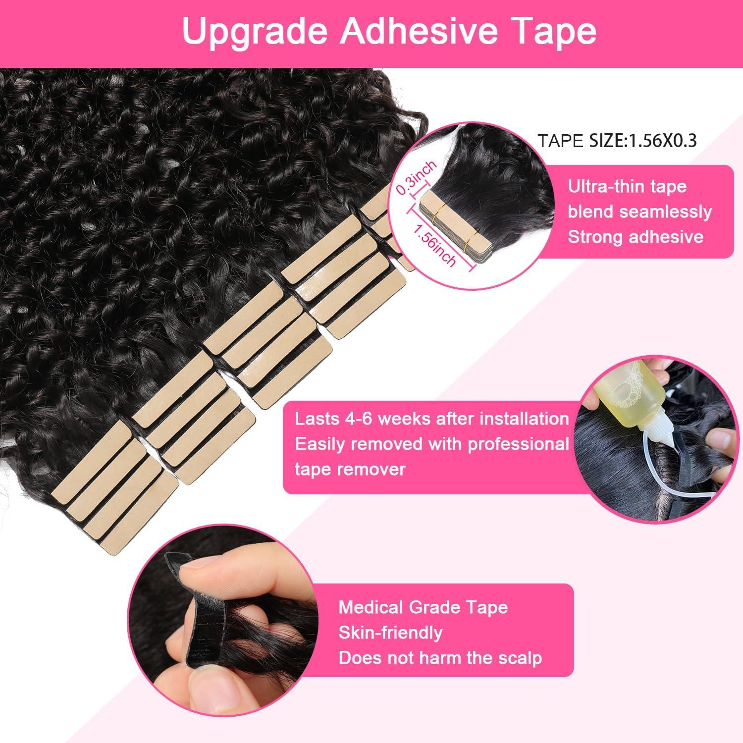 Hotlulana Hotlulana 60pcs Tape in Hair Extensions Human Hair Full Head 3c 4a Kinky Curly Human Hair Tape ins for Black Women Invisible Seamless Skin Weft Curly Hair Extensions 22 Inch 150g