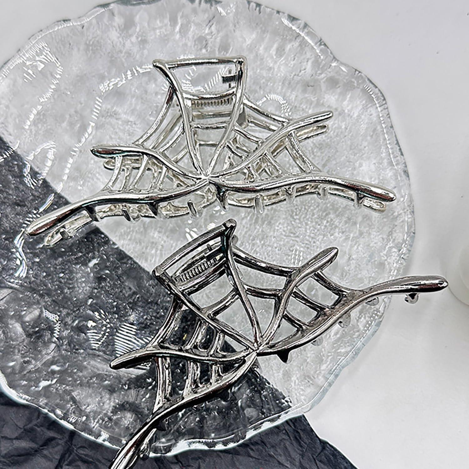 Dulyork Halloween Hair Claw Clip Halloween Spider Web Hair Clips For Women Silvery Metal Claw Clips With Spider Web Shape Designs Halloween Non-Slip Jaw Claw Clips For Women Halloween Hair Accessories