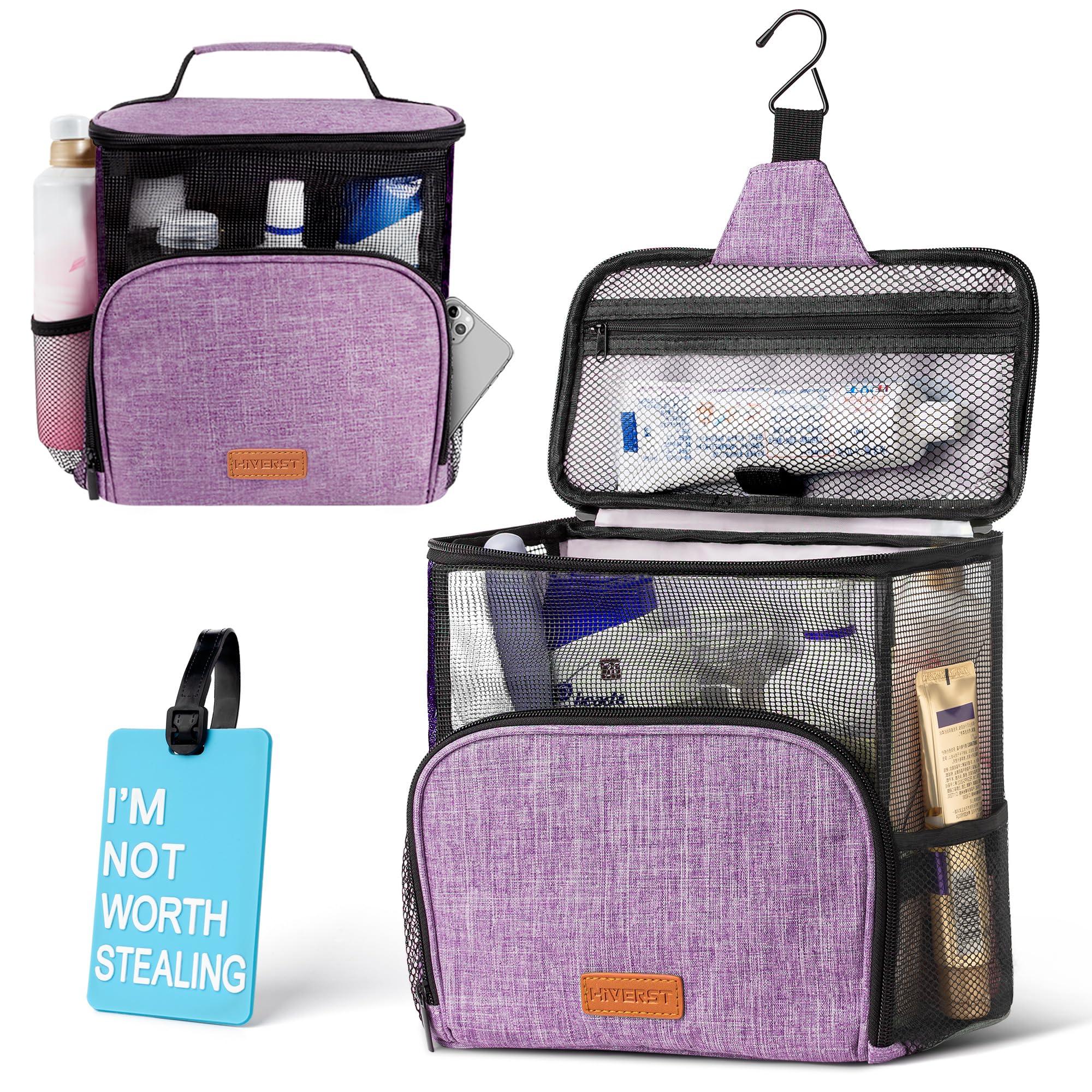 Hiverst Hiverst Hanging Toiletry Bag, Shower Caddy Tote Bag (Updated Version, Full Size Bottle Compatible), Bath Organizer for College Dorms, Gym, Camp, Women Men, with Funny Luggage Tag