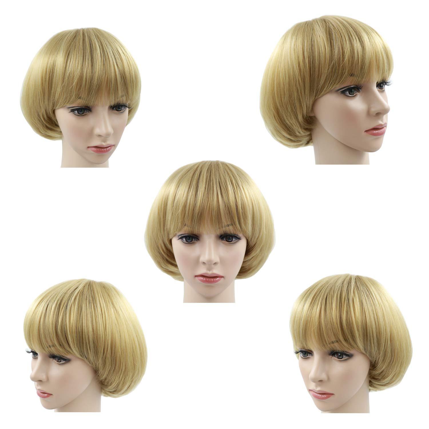 NEWPECK NEWPECK Girls Golden Mushroom Wig Short Bob Wig With Bangs Blonde Bowl Cut Wig Cap For Women