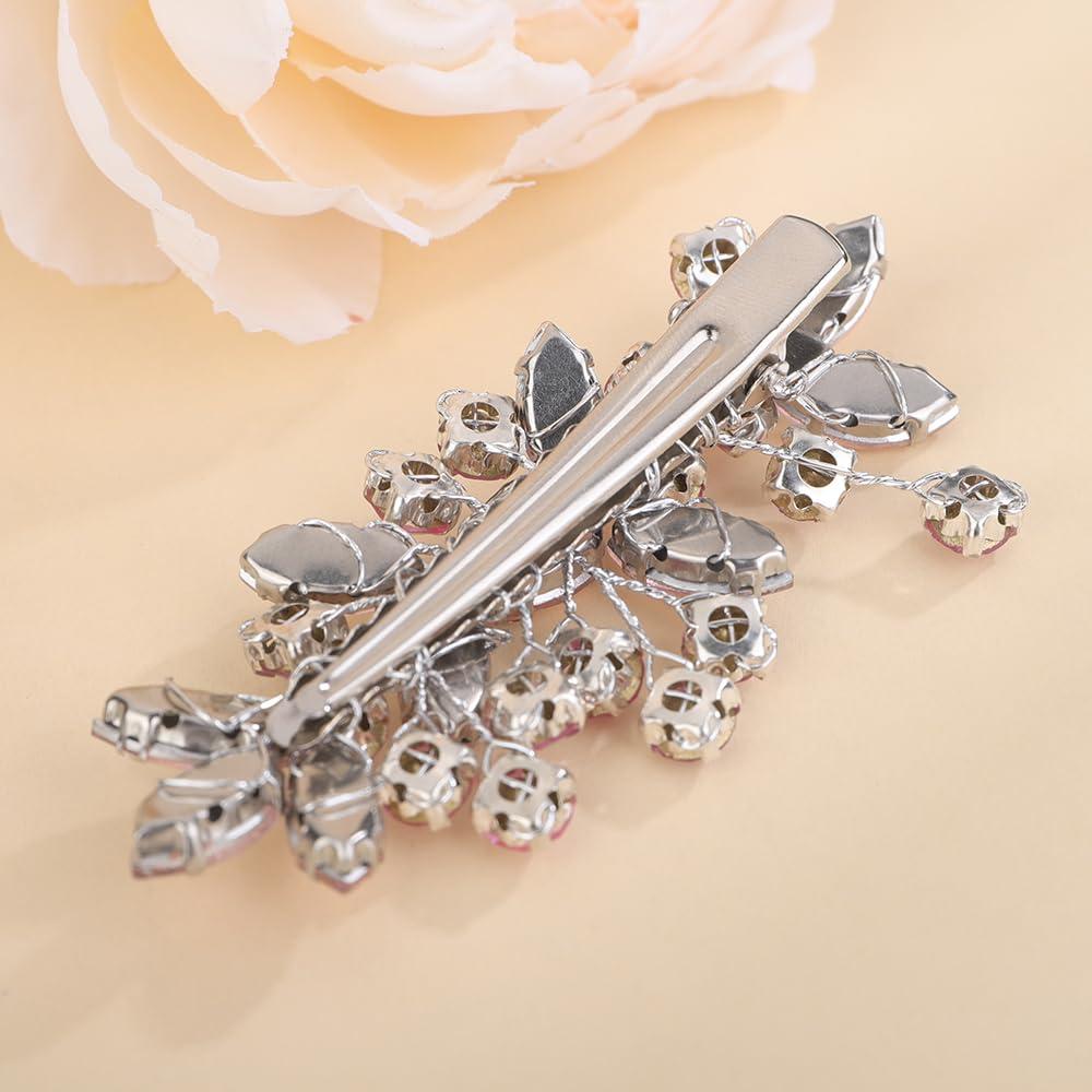 Teyglen Teyglen Pink Rhinestone Hair Clip Bridal Crystal Hair Barrette for Women Sparkly Hair Piece Wedding Hair Clips Hair Accessories for Women (Pink)