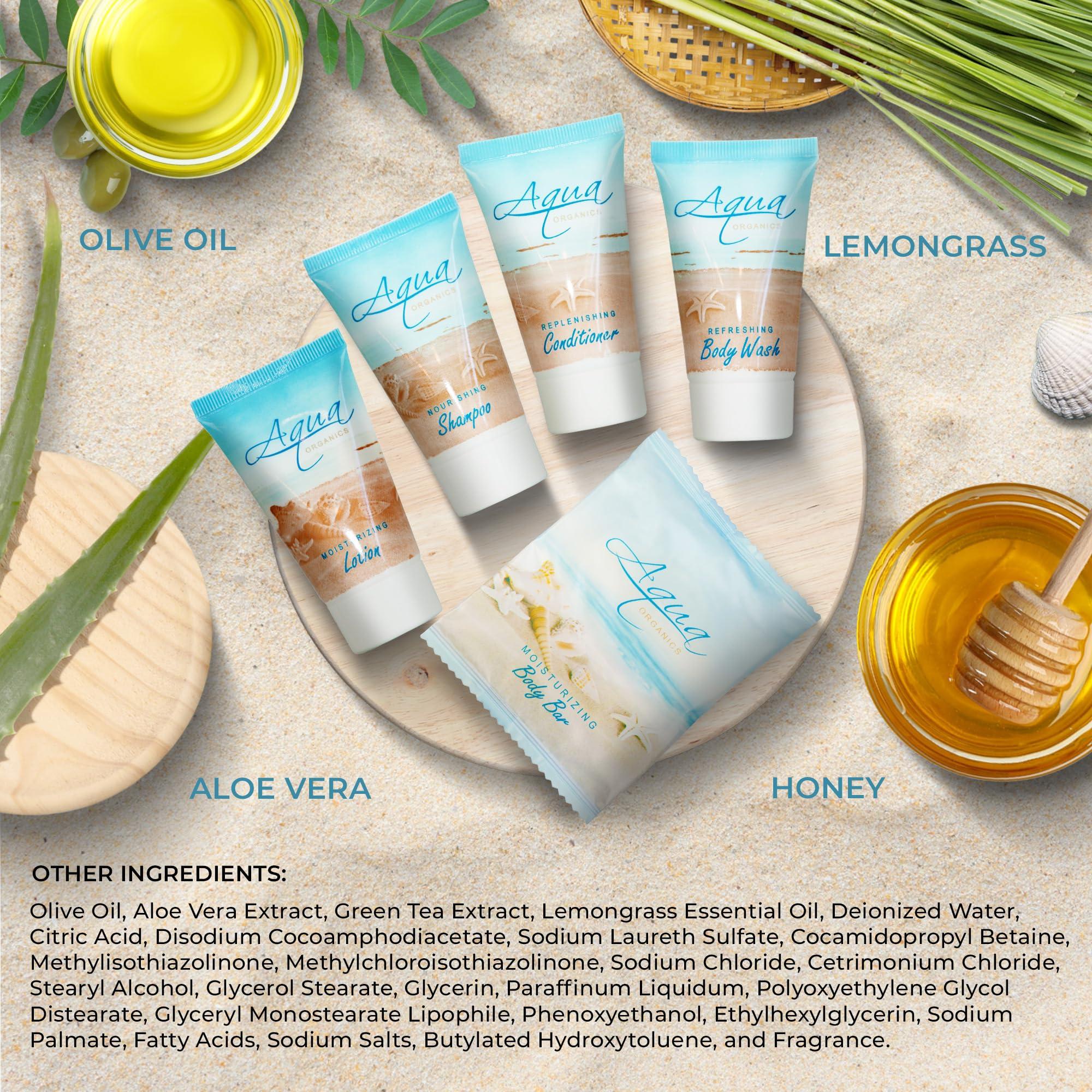 Terra Pure Aqua Organics Hotel Soaps & Toiletries Bulk Set | 1-Shoppe Amenities Kit | 1oz Shampoo & Conditioner, Body Wash, Lotion, 1oz Bar Soap | Travel Size | 150 Pieces