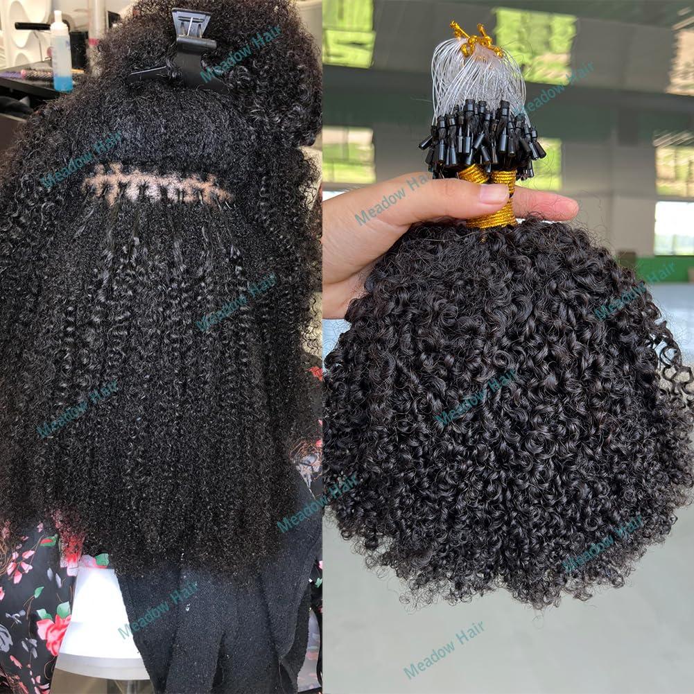 Meadow hair Afro Kinky Curly Micro Link Human Hair Extensions Brazilian Virgin Micro Links Hair Extensions 100 Strand Micro Loop Real Human Hair Extensions For Black Women 80G 16Inch