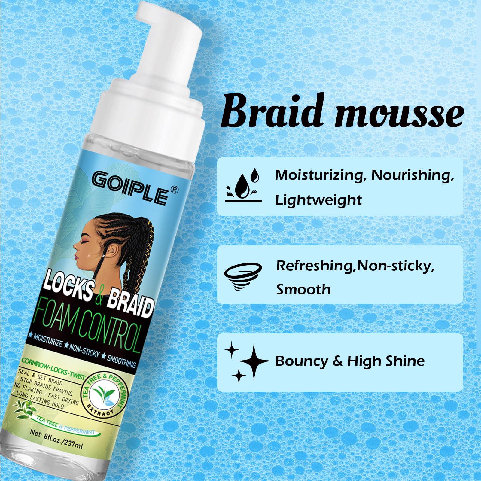 Goiple 8 fl oz Braid Foam Control Mousse Braiding Mousse for Braids Twist, Locs, No Flake Extra Hold High Shine Style & Moisturizes, Hair Mousse for Braids Nourishes, Lightweight, Smooth, No Greasy Tea Tree