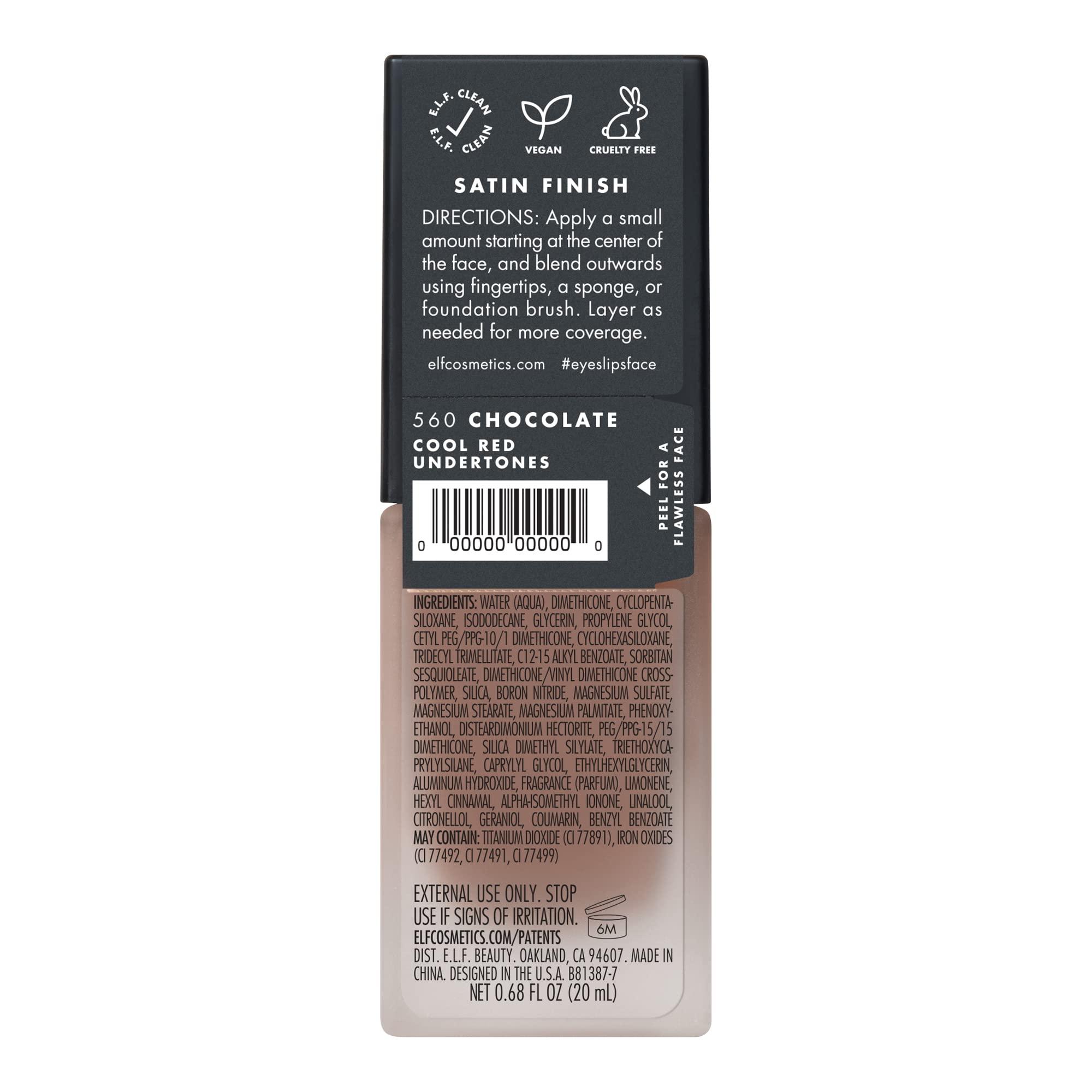 e.l.f. e.l.f. Flawless Satin Foundation, Lightweight & Medium Coverage, Semi-Matte Finish, Vegan & Cruelty-Free, Chocolate, 0.68 Fl Oz (20mL)