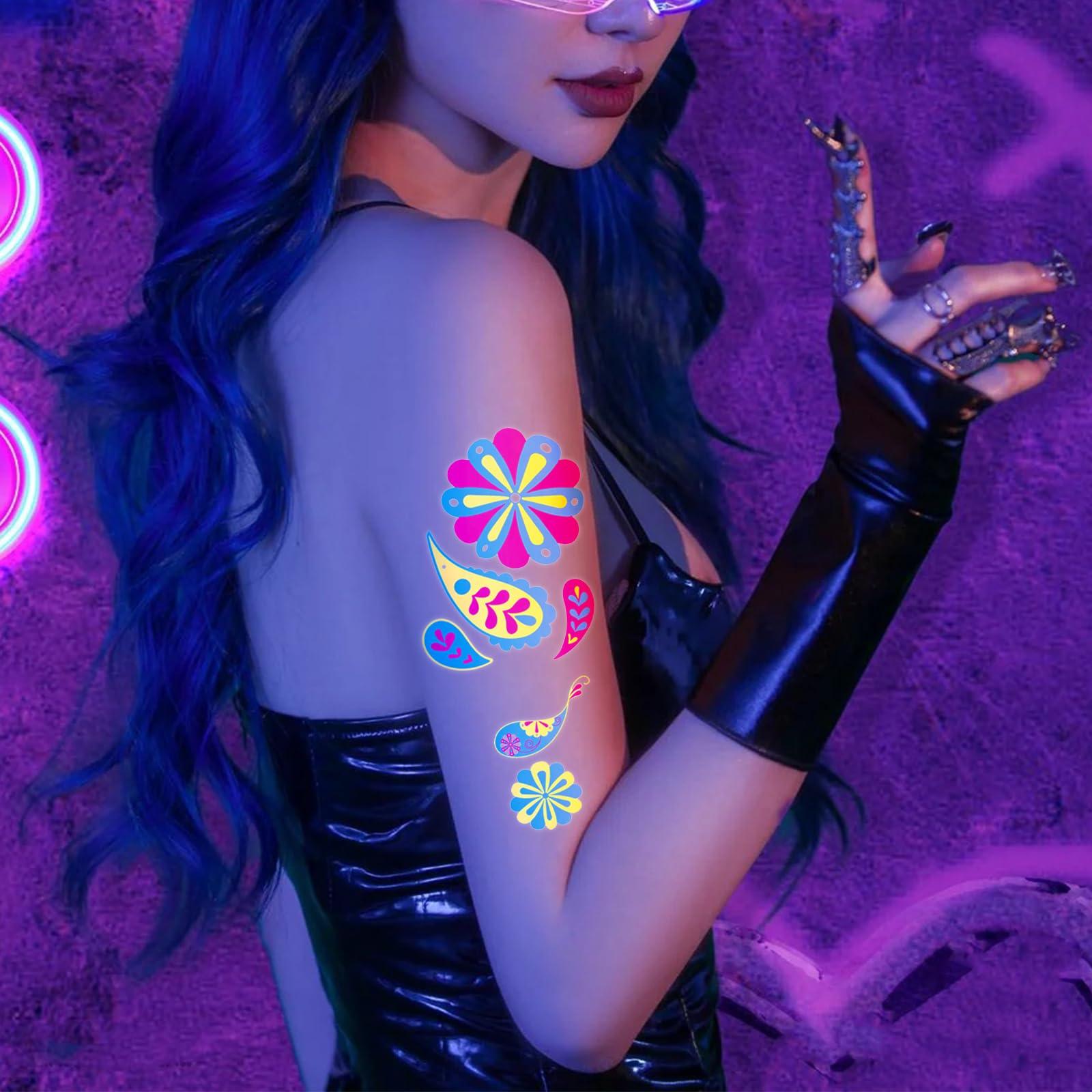 Heliltd Heliltd 20 Sheet Neon Temporary Tattoos Glow in The Dark Temporary Tattoos Fluorescence UV Neon Fake Waterproof Tattoo Stickers for Bar Party Nightclub Music Rave Festival Accessory Party Stickers