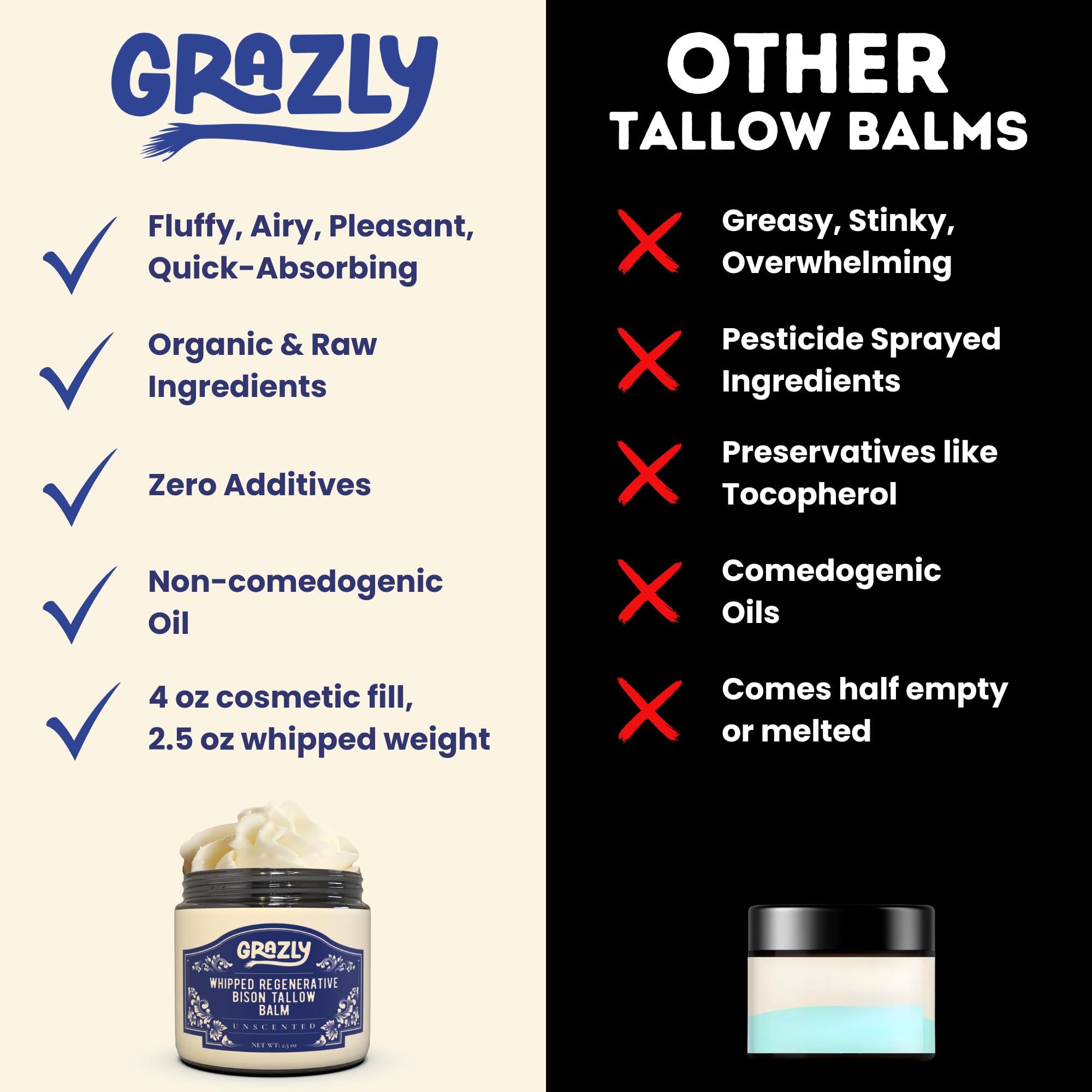 Grazly Grazly Unscented Manuka Honey & Bison Tallow Balm  100% Organic, Grass-Fed Face & Body Moisturizer for Dry Skin, Acne-Prone Skin & Wrinkles  Ancestral Formula with Coconut Oil, Raw Beeswax  3oz