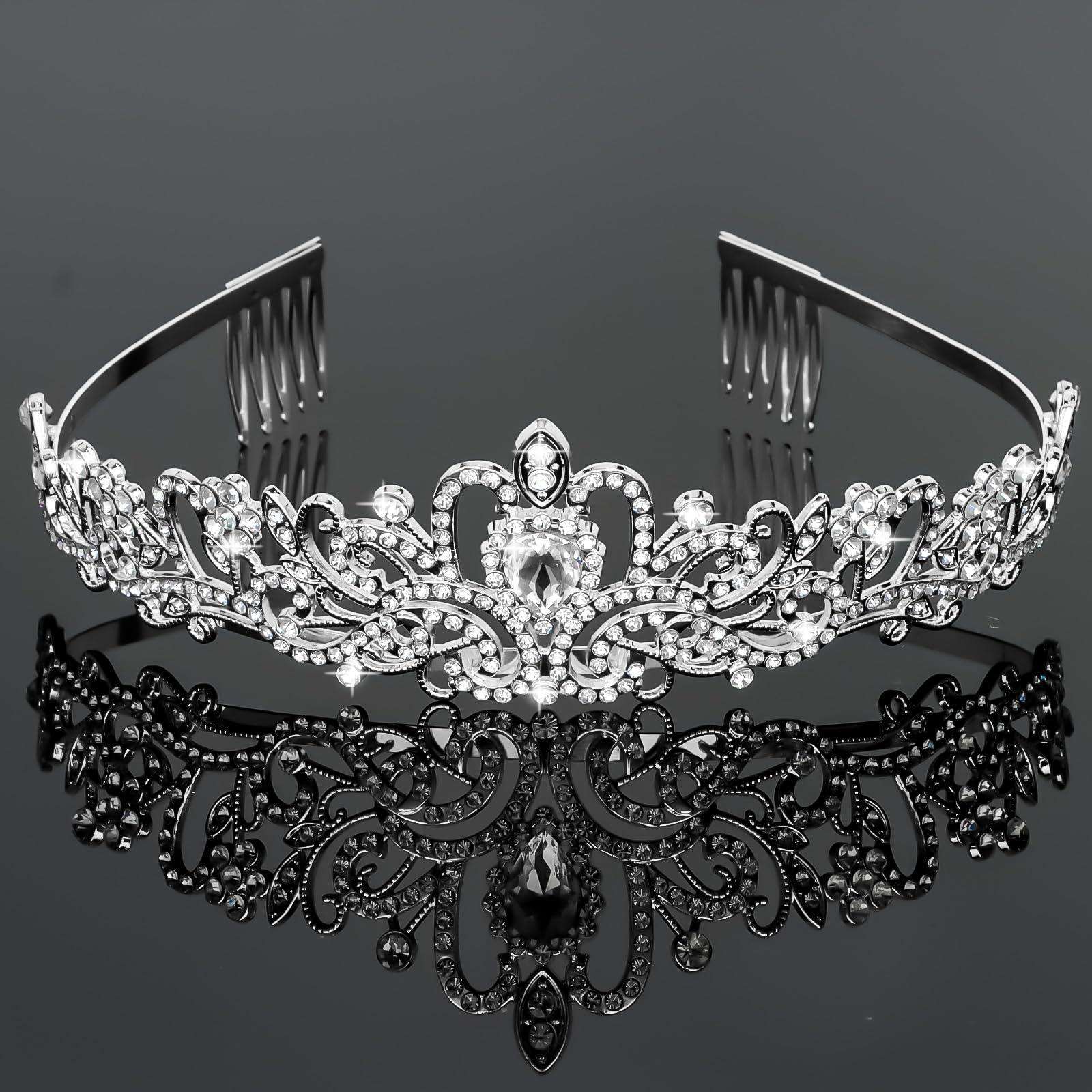 YARIEW YARIEW Silver Crown + Bride Veil Set, Rhinestone Wedding Bridal Tiara, Bridal Shower Decorations, Bachelorette Party Decorations Prom Bridal Shower Birhday Gift for Women and Girls