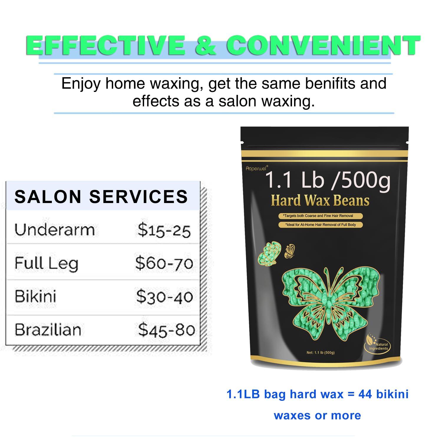 Auperwel Hard Wax Beads for Hair Removal - 1.1lb/17.05oz Waxing Beads for Coarse Hair, Sensitive Skin, Brazilian Bikini,Underarms,Face,Body - Wax Beans Bulk with 20 Wax Sticks At Home Wax Kit(Olive Green)