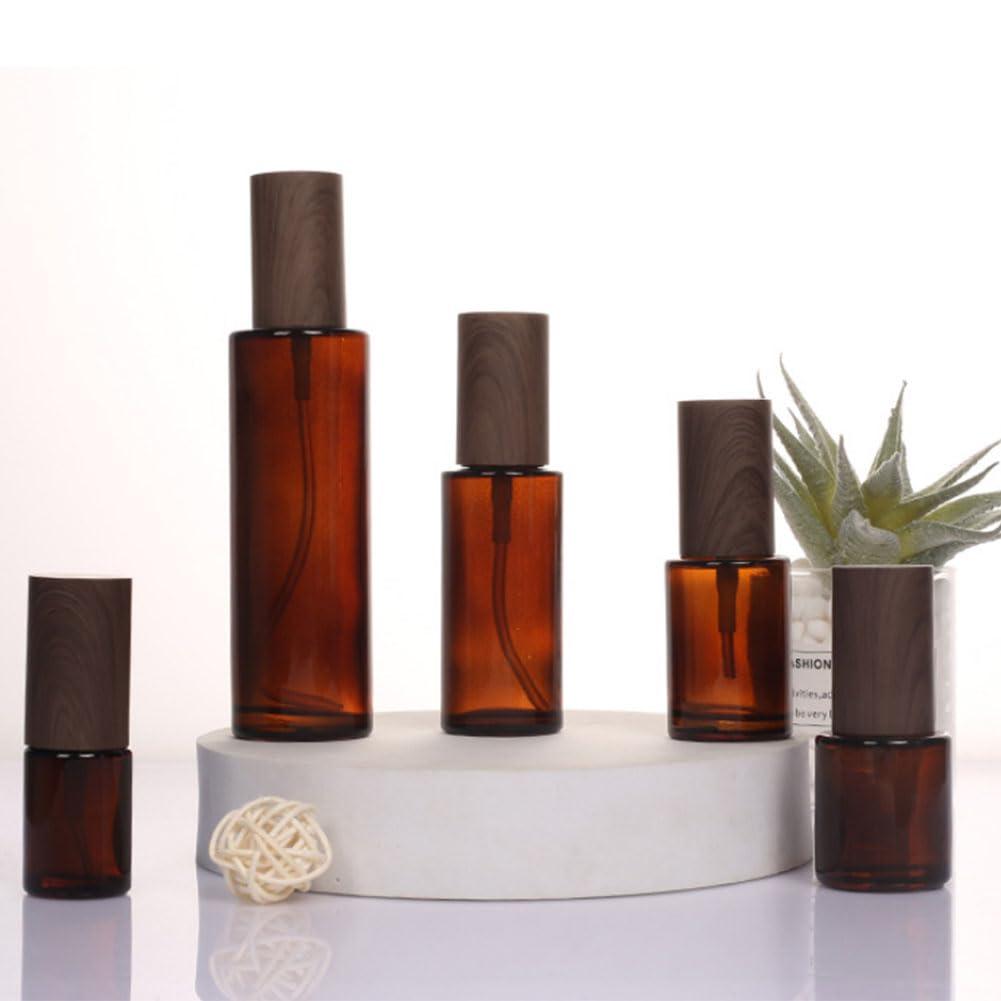 TUPANDY TUPANDY 2PCS 100ml/3.3oz Amber Glass Lotion Pump Press Bottles Empty Refillable Soap Dispensers Containers Jars with Black Wood Cap for Foundation Cream Makeup Removel Oil Shampoo