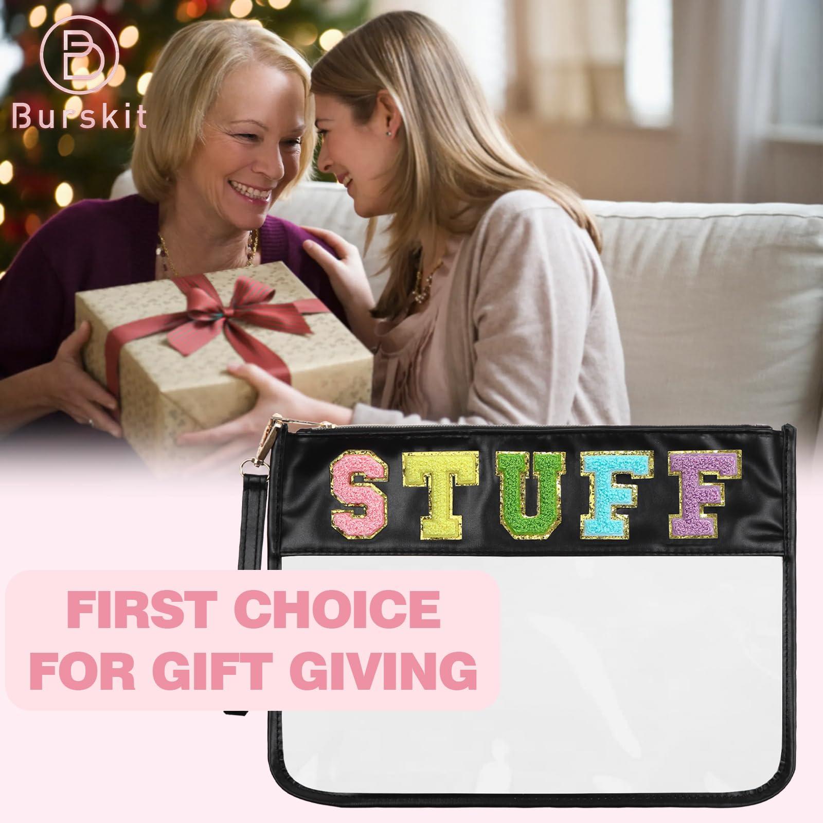 Burskit Burskit Chenille Letter Clear Zipper Pouch for Travel Preppy Stuff Bag Aesthetic Storage Organizer Pouches for Women with Glitter Patch Letters (Black-Stuff)