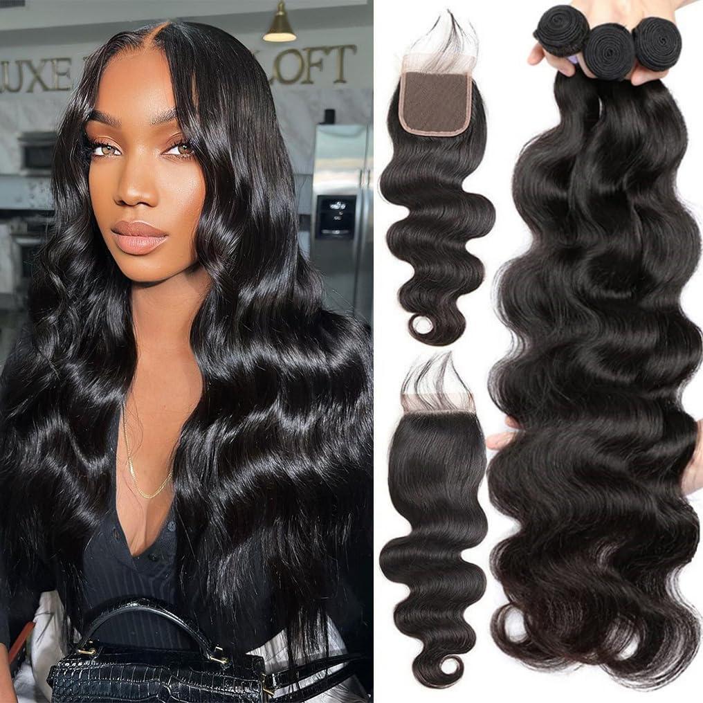 menalue Menalue Closure with 3 Bundles Body Wave Human Hair Bundles with Closure 10A Brazilian Virgin Human Hair Weave Bundles with 4x4 Lace Closure Double Weft Free Part Natural Color (14 16 18+12 Inch)