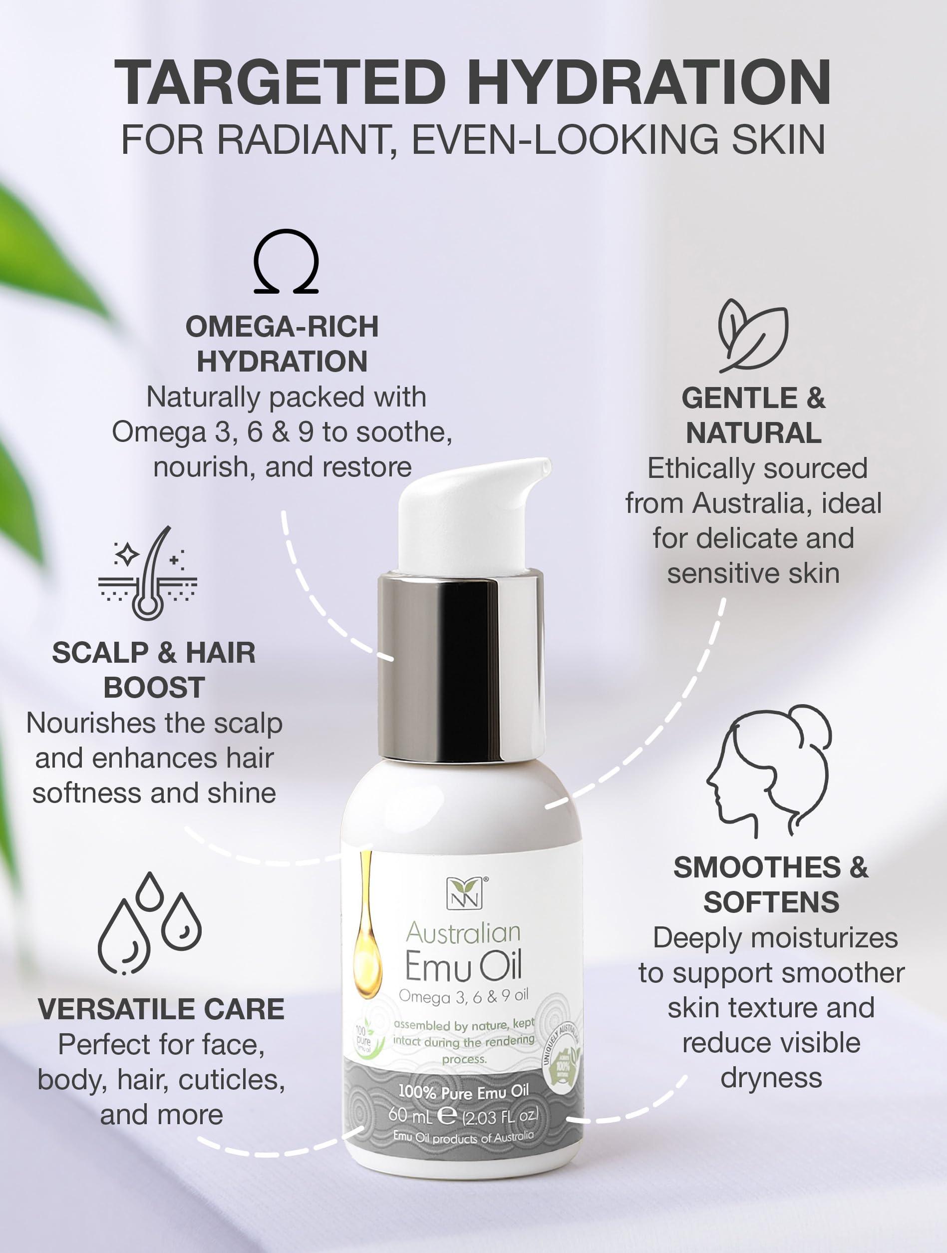 YNN Y-Not-Natural Emu Oil Skin Moisturizer - Scalp, Hair, Face, Body & Nail Moisturizer with Omega 3, 6, 9, Vitamins, & Minerals - Body & Face Serum for Fine Lines, Stretch Marks, Dry Lips & Cuticles - 60mL, Unscented