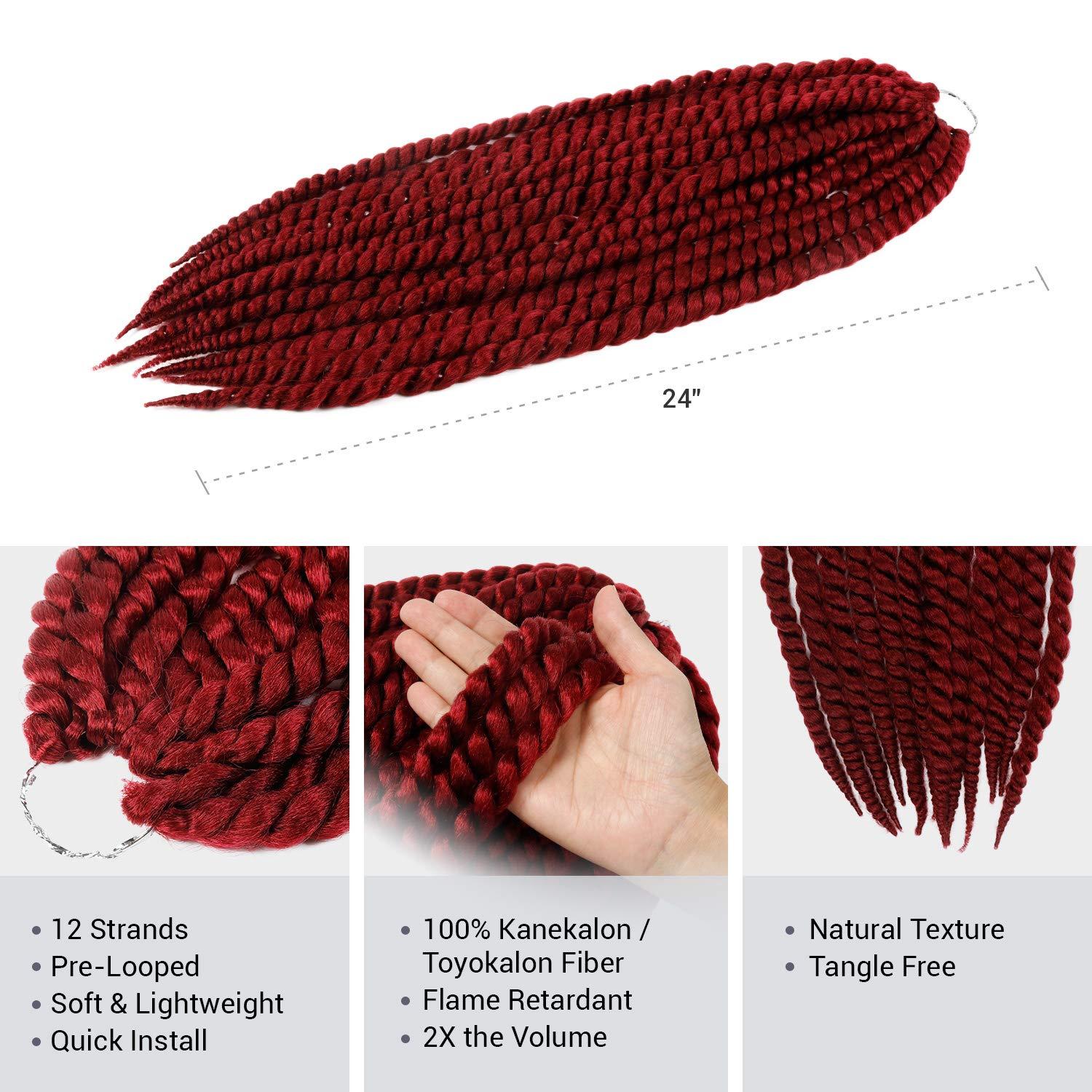 AU-THEN-TIC AU-THEN-TIC Jumbo Senegalese Twist Crochet Hair, 24 Inch, 6 Pack, Synthetic Extensions for Havana and Mambo Twist Styles, (BURG, Burgundy)
