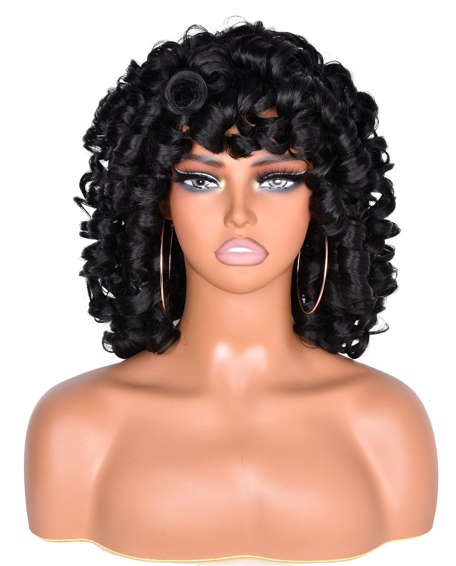 CurlCOO CurlCOO Black Curly Wigs for Black Women Short Curly Wig with Bangs Soft Big Loose Cute Afro Kinky Curly Hair 14 Inch Synthetic Wig for Black Women(Black)