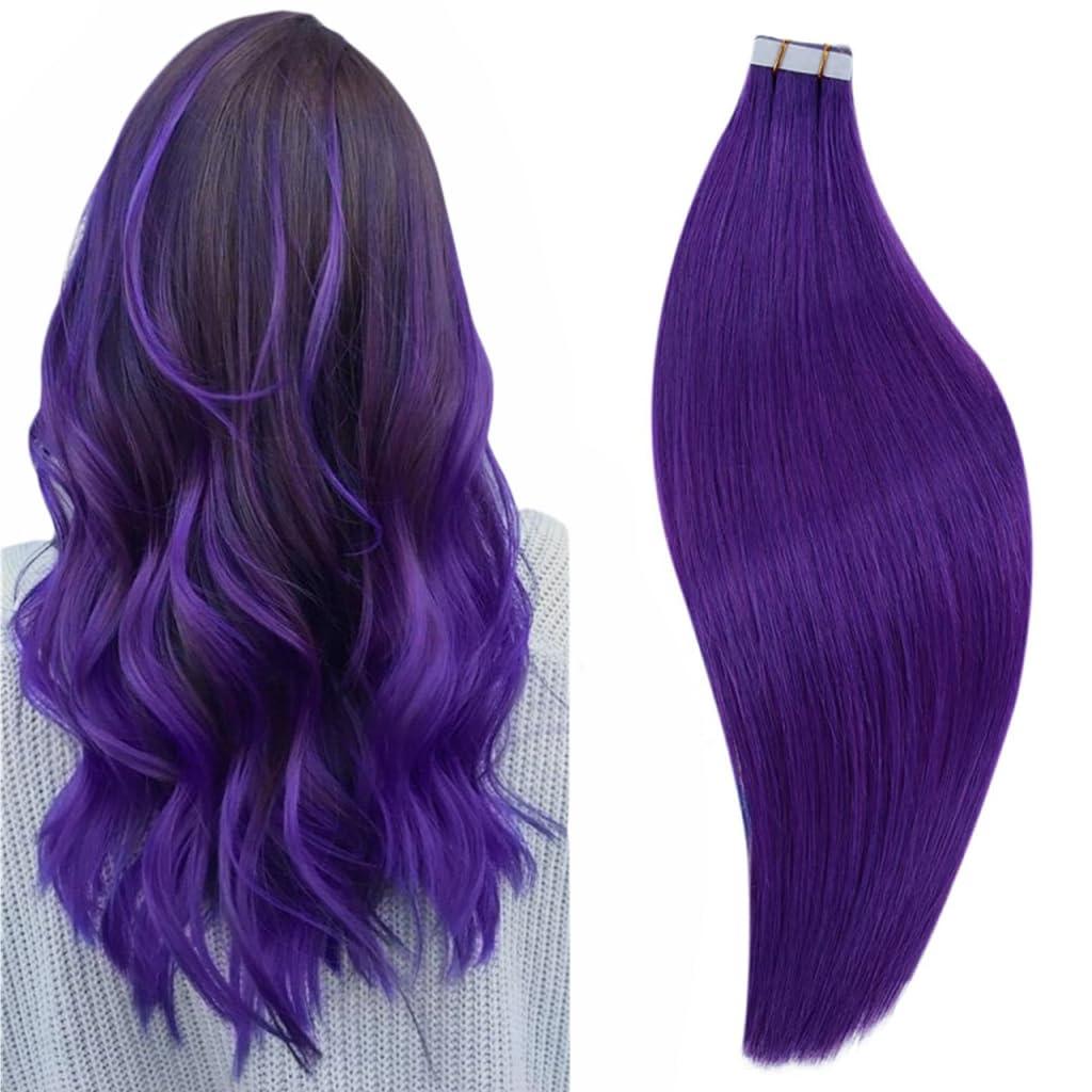 RUNATURE RUNATURE Bundles 22 Inch Purple Hair Extensions Real Human Hair Clip ins 25g 5pcs and Purple Tape in Hair Extensions 25g 10pcs
