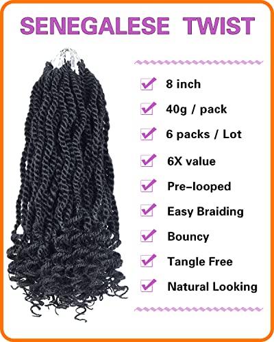 TOZIKA Crochet Hair for Kids 8 Inch Crochet Hair for Black Women 6 Packs Senegalese Twist Crochet Braids Wavy Ends Synthetic Hair Extension Curly Crochet Twist Braiding Hair (1B#, 8 Inch)