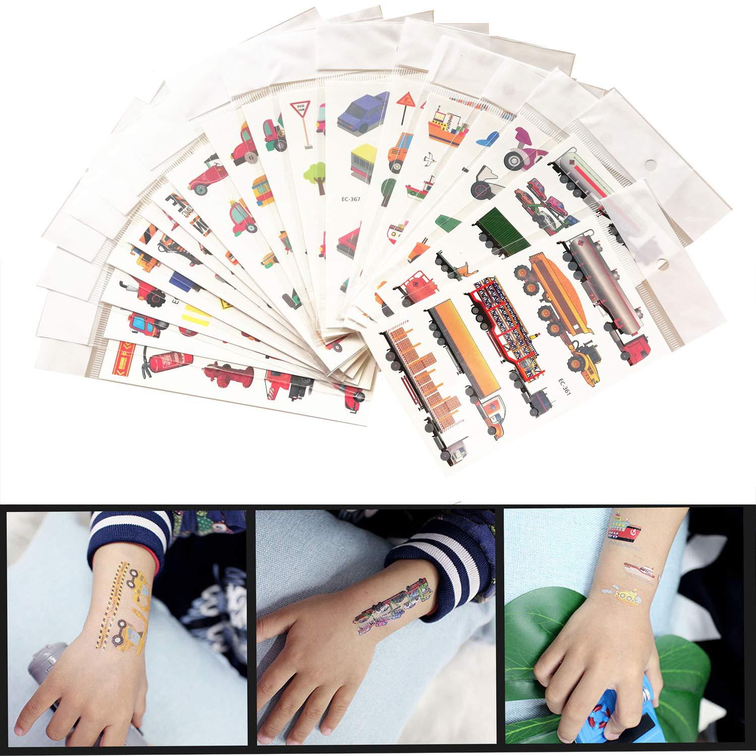 Oexper Oexper 18 Sheets of Construction Vehicle Temporary Tattoos Cars Fire Trucks Buses Transportation Tattoo Stickers for Boys Girls Kids Adults Birthday Party Car Themed Party Supplies Party Favors