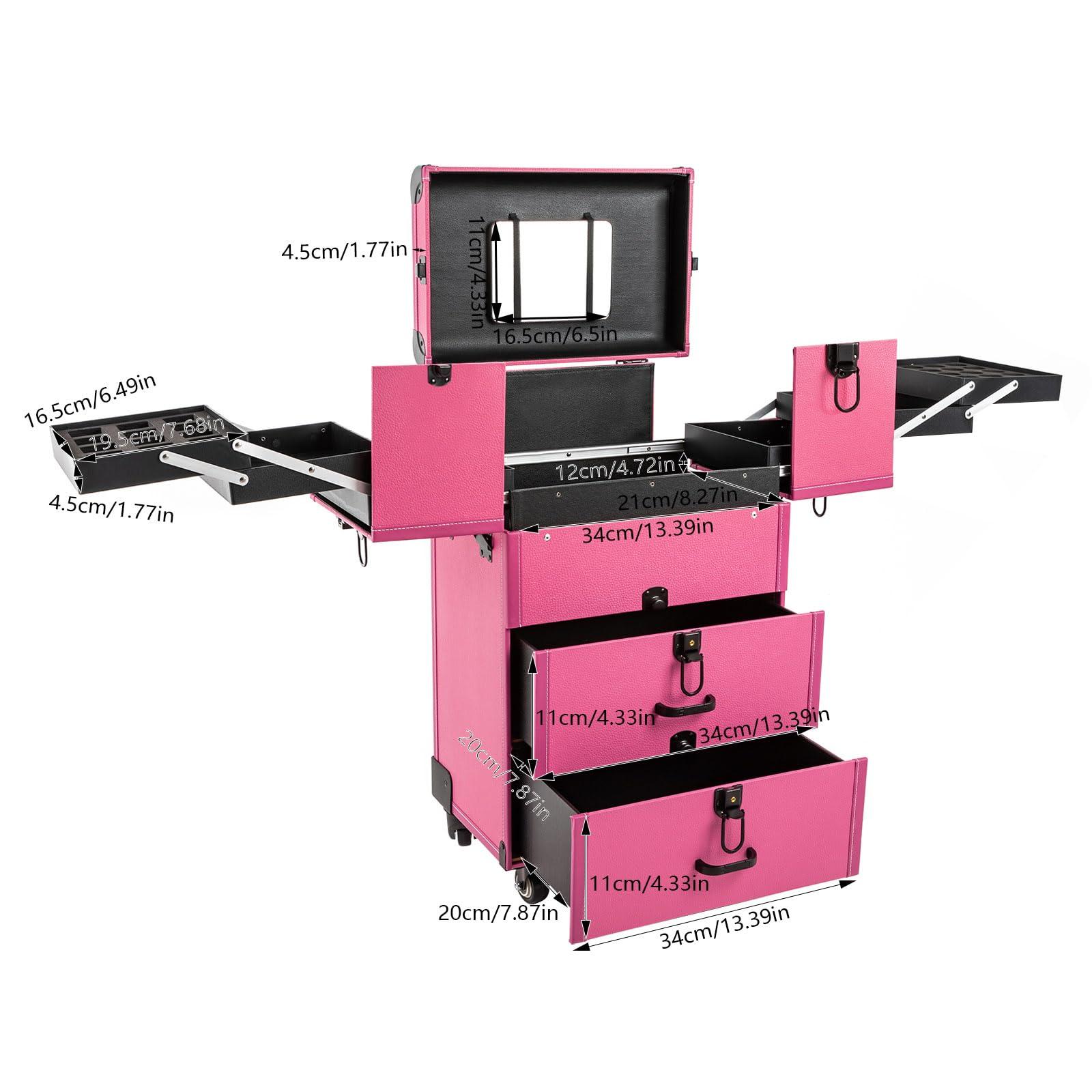 CapBoator 3 in 1 Professional Makeup Trolley Cart, Large Storage Rolling Makeup Case 4 Tray 2 Drawer, Lockable Cosmetic Train Case with Wheels, Salon Barber Case Traveling Cart for Hairstylist, Black (Purple)