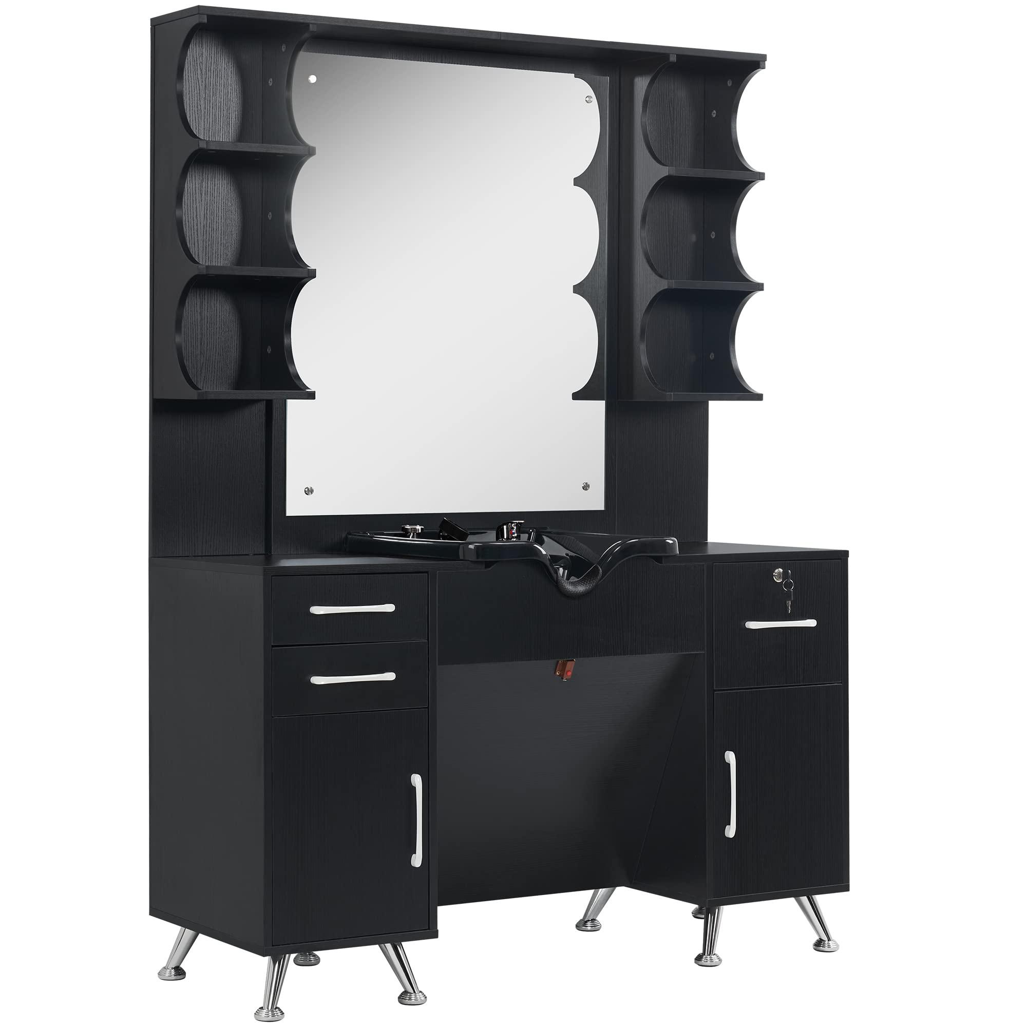 BarberPub BarberPub Backwash Shampoo Bowl Cabinet, Wall Mount Station with Mirror, Storage Cabinet with Drawers & Shelf Salon Equipment 3141 (Black)