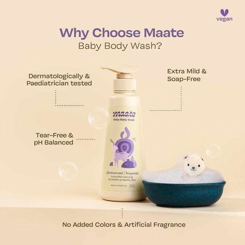 MAATE MAATE Baby Body Wash (400 ml) | With Ayurvedic Herbs Beetroot, Manjistha & Neem extracts | Body Wash for Dry & Sensitive Skin | Natural & Vegan | Tear-free & pH Balanced | Soap Free | Body Wash
