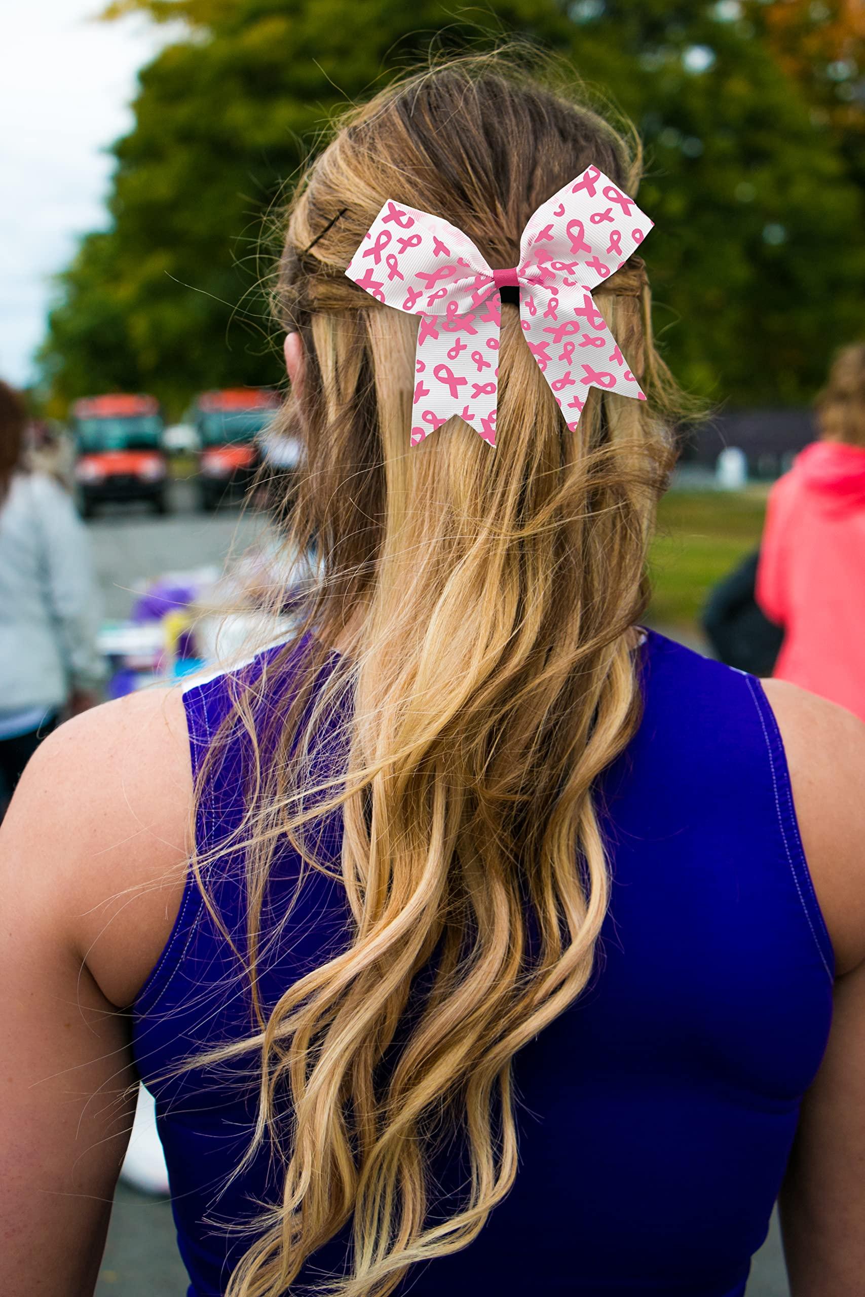 Fundraising For A Cause Pink Ribbon Hair Bows for Breast Cancer Awareness - Cheer Bows Ponytail Pink Hair Bows Pink Hair Ties for Girls, Cheerleader, Women Hair Elastic Bands, Pet Grooming - 25 Hair Bows
