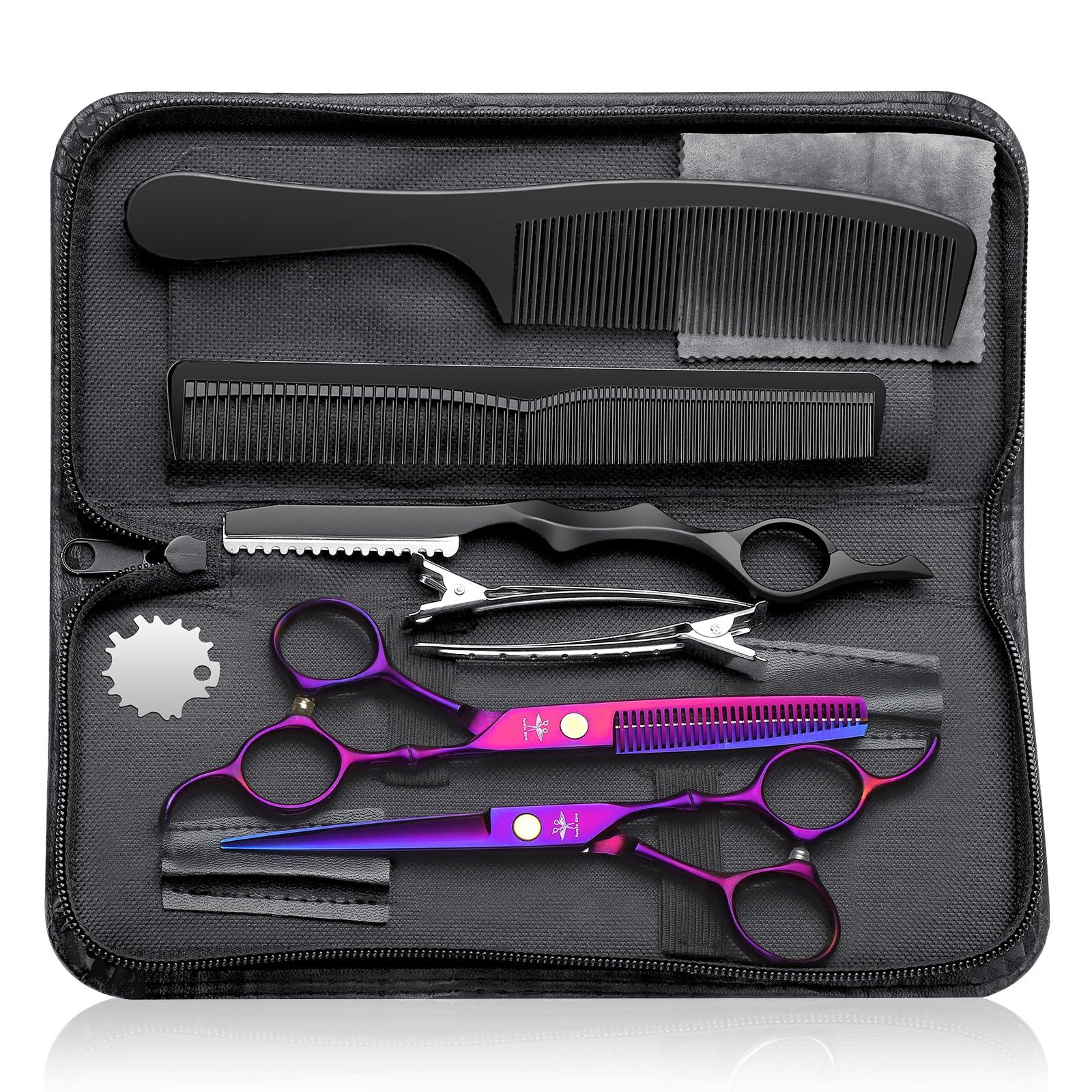 PURPLEBIRD PURPLEBIRD Hair Cutting Scissors Kit, Professional Barber Scissors Hairdressing Shears Set with Stainless Steel Hair Scissors Thinning Scissors for Men Women Pet 10 Pcs Purple
