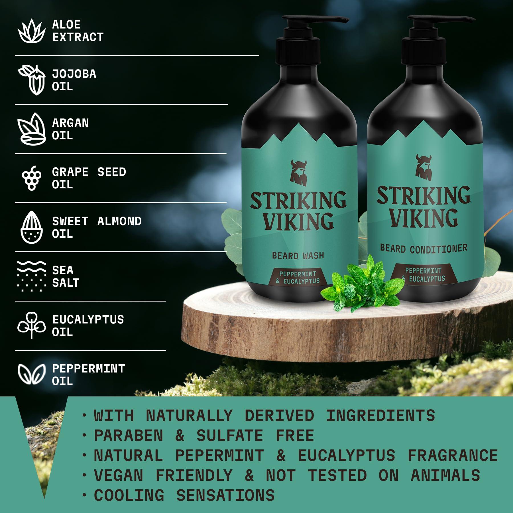 Striking Viking Striking Viking Beard Wash & Conditioner (Peppermint & Eucalyptus) - Paraben & Sulfate Free Beard Shampoo & Conditioner for Men with Jojoba Oil - 10oz Each Bottle