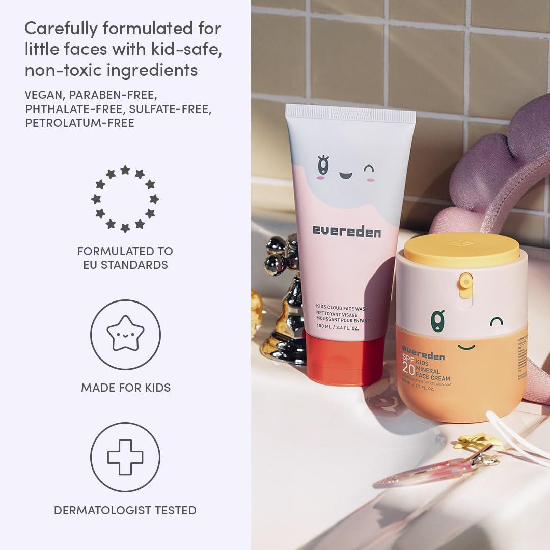 Evereden Kids Happy Morning DUO: Clean & Vegan Skin Care for Kids Bundle | Kids Skin Care Cloud Face Wash + SPF 20 Mineral Face Cream | Non-Toxic | Non-Comedogenic | Fun | Easy-to-Use Skincare for Kids