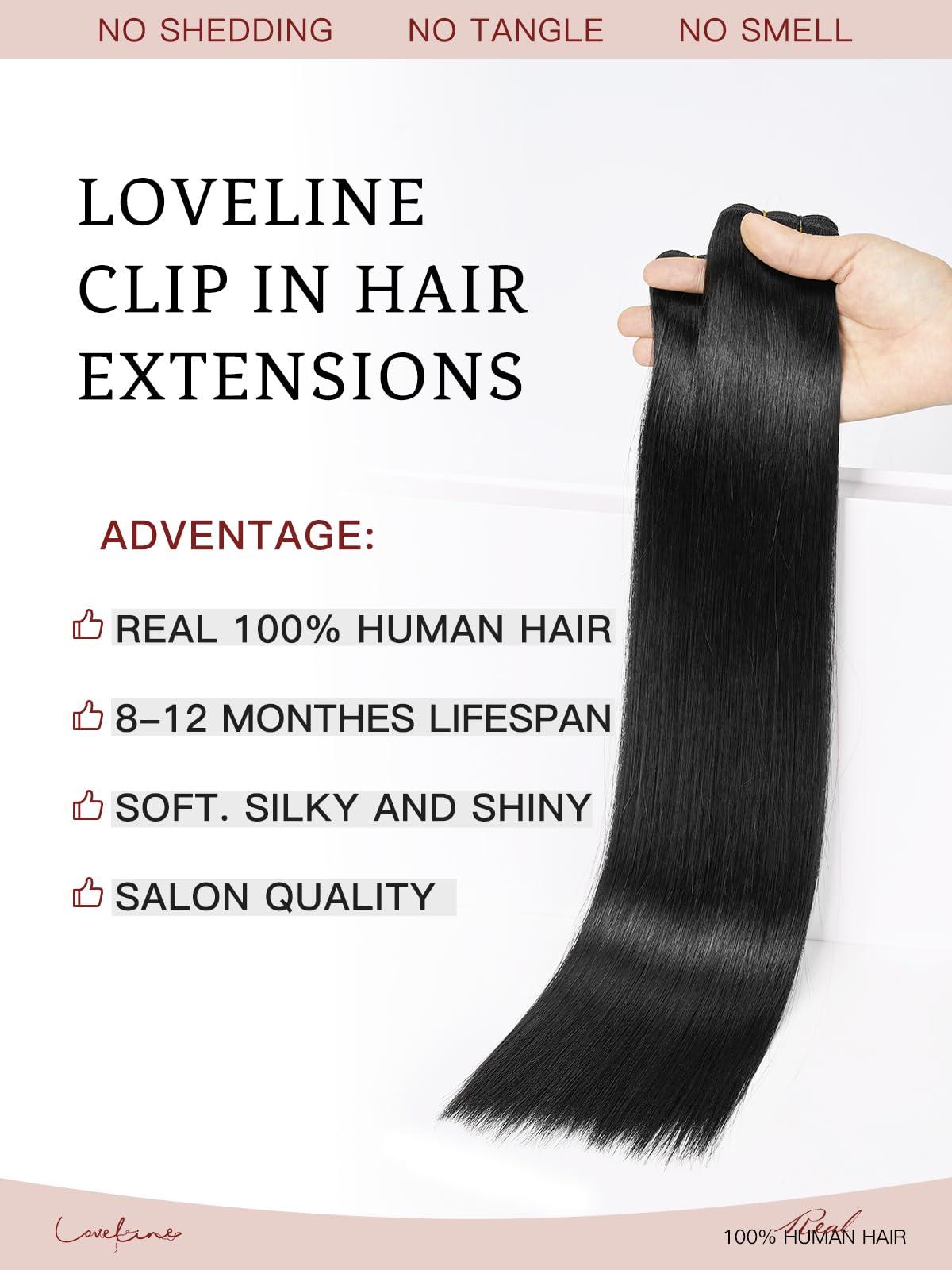 Loveline Loveline Clip In Hair Extensions 22 Inch Human Hair Clip in Real Human Hair Extension for Women Jet Black 120g 7 Pieces Per Set