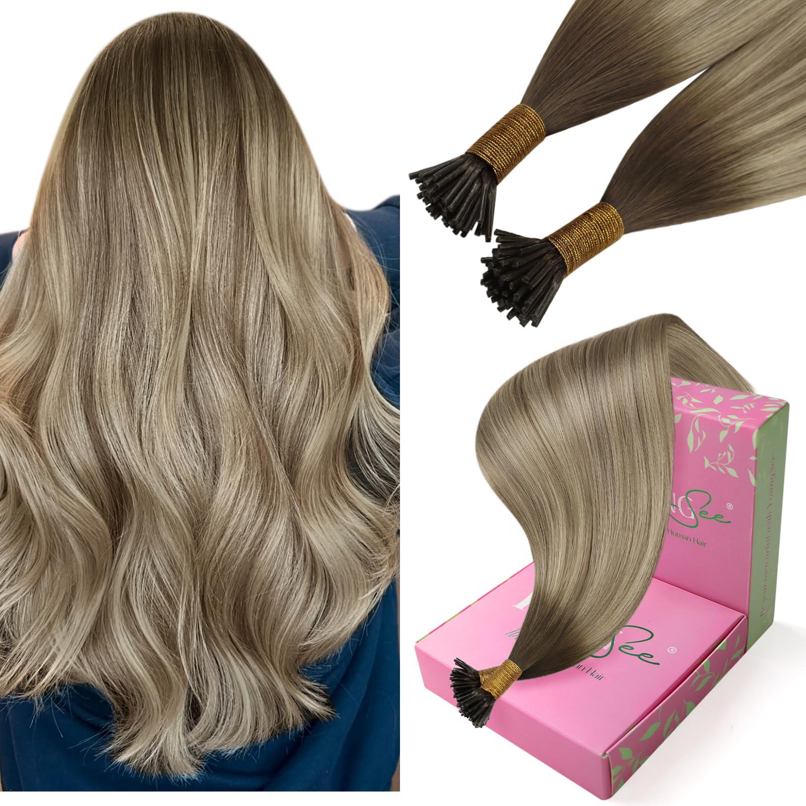 YoungSee YoungSee I Tip Hair Extensions Human Hair Ombre 24 Inch Long Tip Hair Extensions Human Hair Balayage Dark Brown to Brown with Blonde Itip Hair Extensions for Women 50g 50s Pre Bonded Hair Extensions