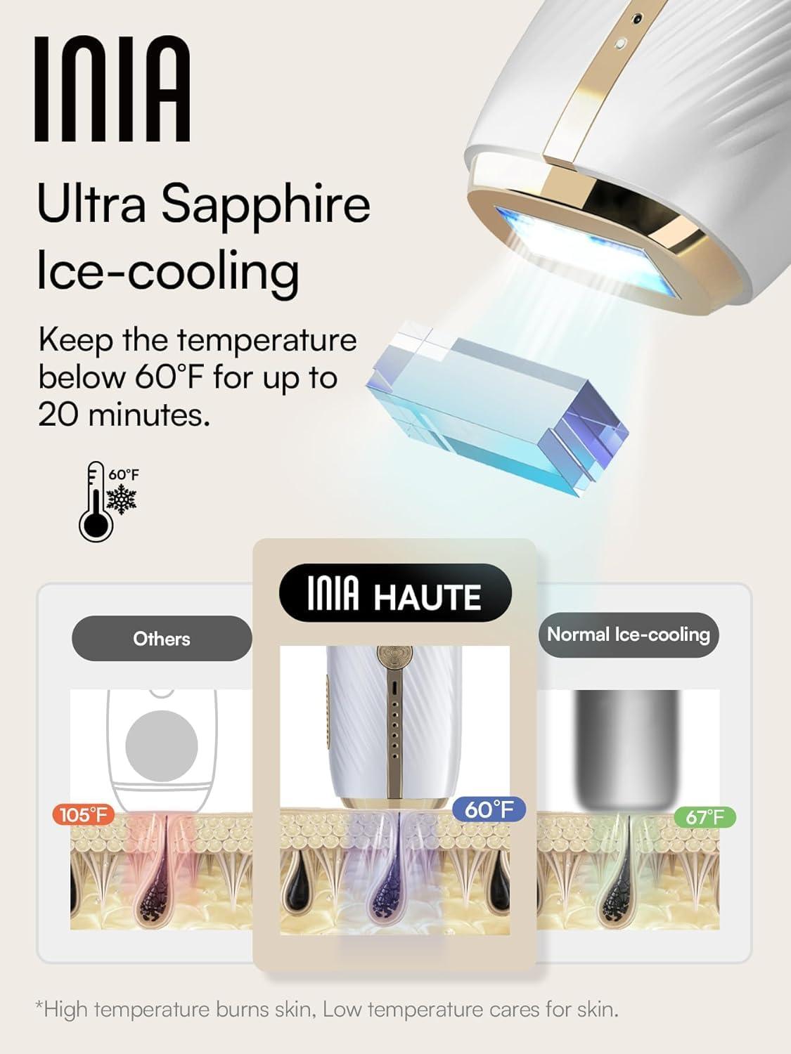 INIA INIA Laser Hair Removal for Women and Men, IPL Hair Removal Device with Sapphire Ice-cooling, Double Effectiveness & 5 Flashes per Second for Long-lasting and Nearly Painless Results