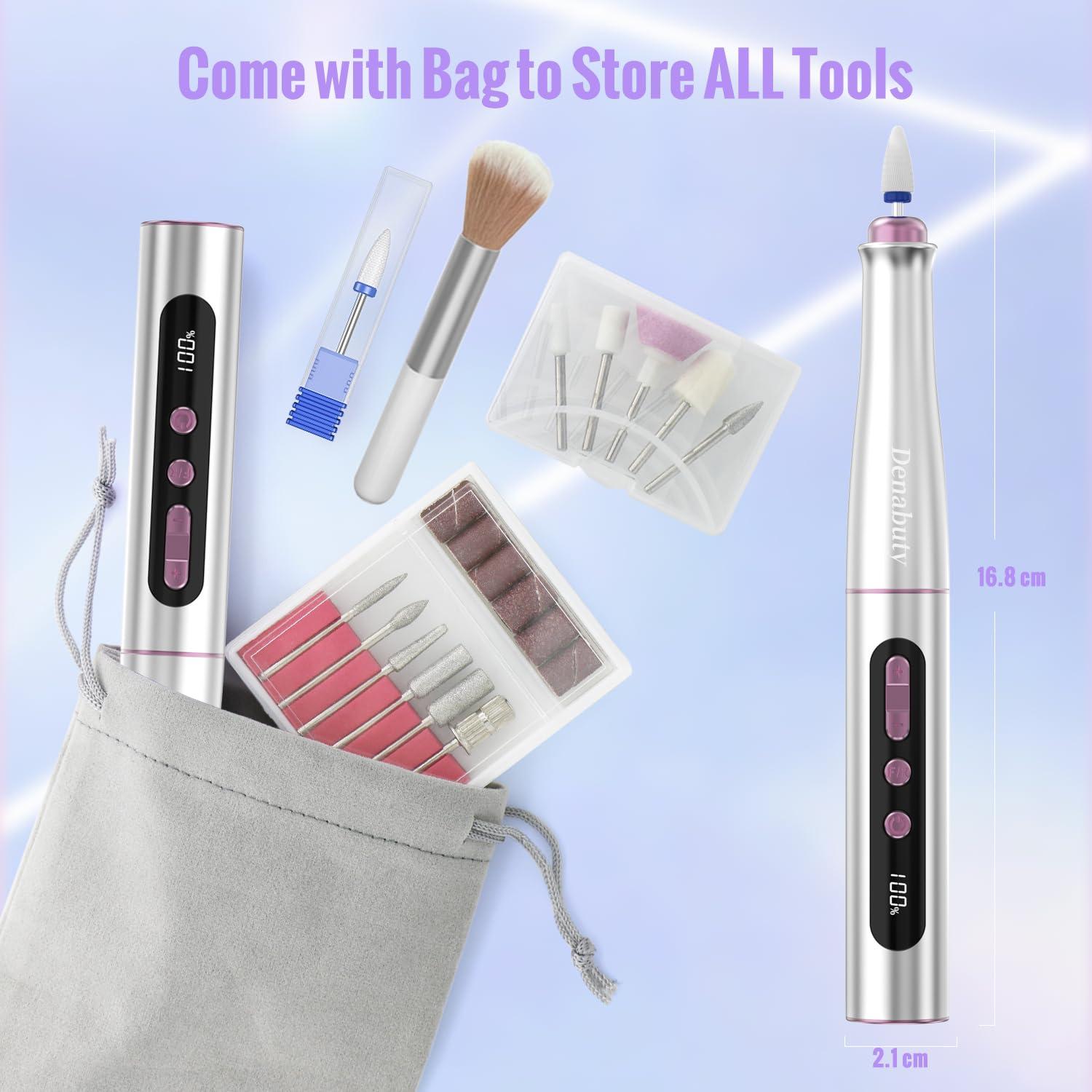 Denabuty Denabuty Cordless Electric Nail Drill Machine, 13 in 1 Nail File Kit 35000RPM Professional Portable Rechargeable E File for Acrylic Polish Gel Removal Manicure Pedicure Set with 5 Speeds DN-2402