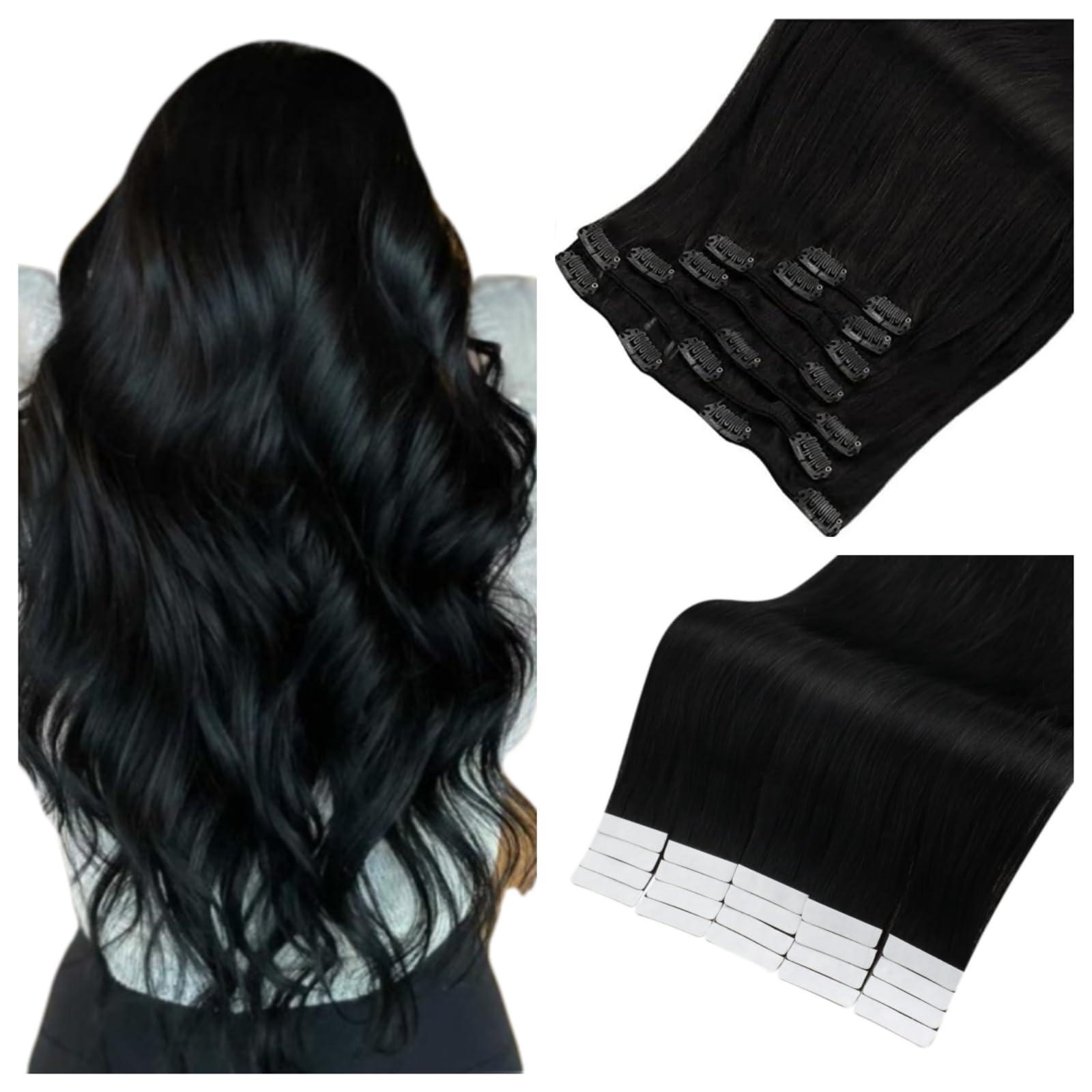 Full Shine Full Shine 28 Inch Hair Extensions Real Human Hair 200 Grams Jet Black Straight Hair Extensions Clip ins And Tape ins Jet Black Invisible Hair