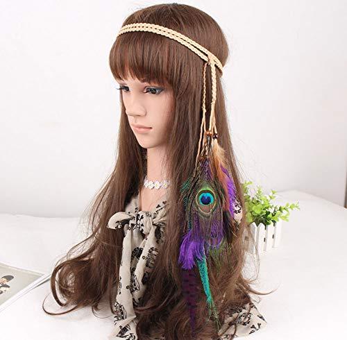Suoirblss Indian Princess Feather Tassels Headband Boho Chic Peacock Feather Hair Band Romany Hippie Headdress Adjustable Length Handmade for Girls Women Lady