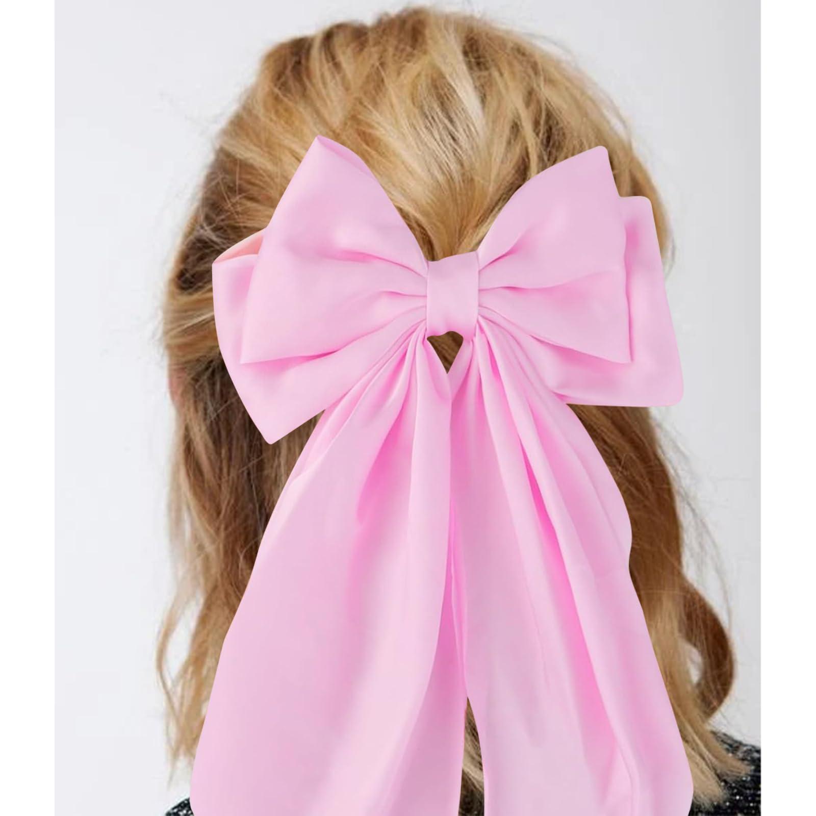 COCIDE 3Pcs Silky Satin Hair Bows for Women Hair Ribbons for Girls Big Bow Hair Ties Large Hair Barrettes for Girl French Cute Hair Clips Long Tail Mexican Hair (White,Purple,Pink)