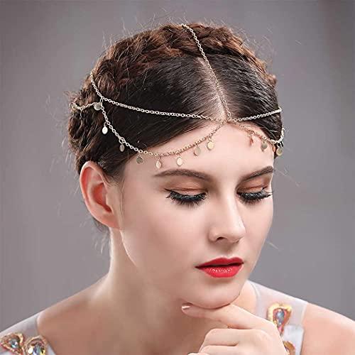 Brinie Brinie Boho Head Chain Gold Small Coins Hair Chain Wedding Head Jewelry Festival Halloween Costume Bridal Hair Chain Headpiece Hair Accessories for Women and Girls